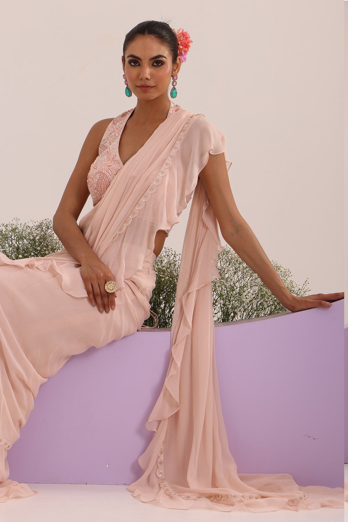 Peach Frill Pre-Draped Saree
