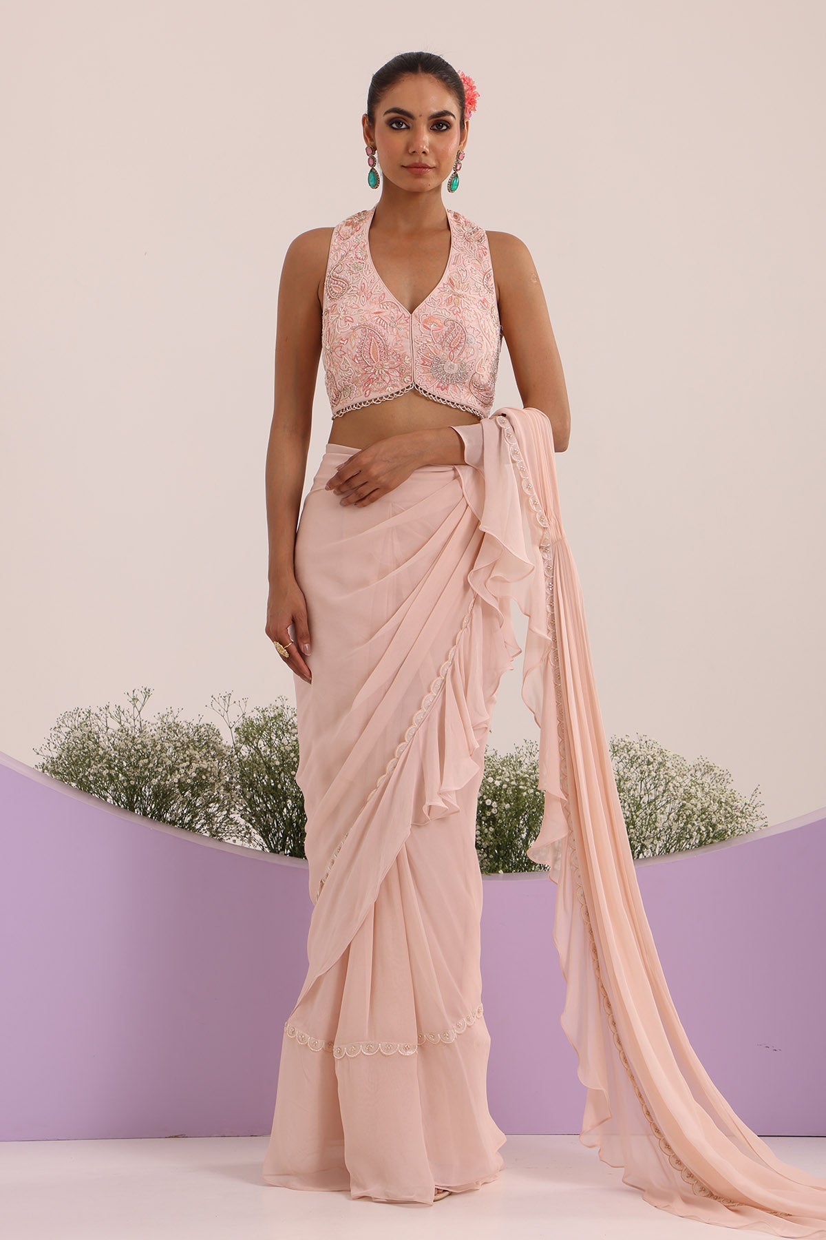 Buy Peach Frill Pre-Draped Saree by Nitisha Kashyap for women online at ScrollnShops