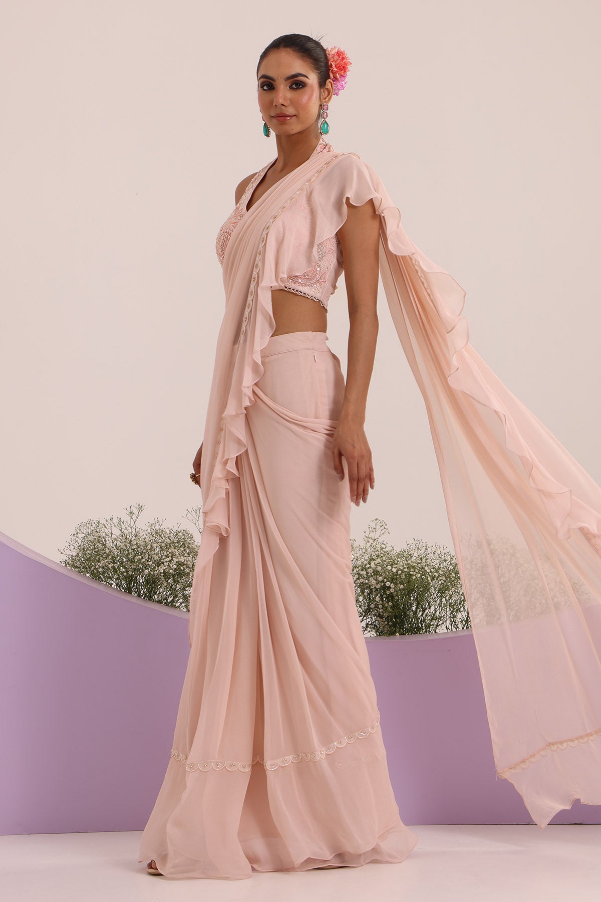 Peach Frill Pre-Draped Saree