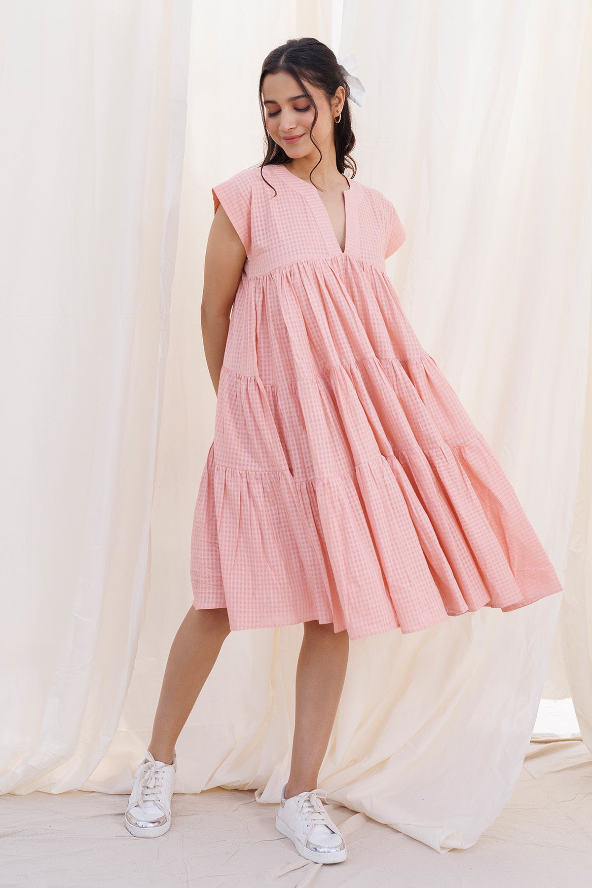 Peach Gathered 3 Tiered Dress