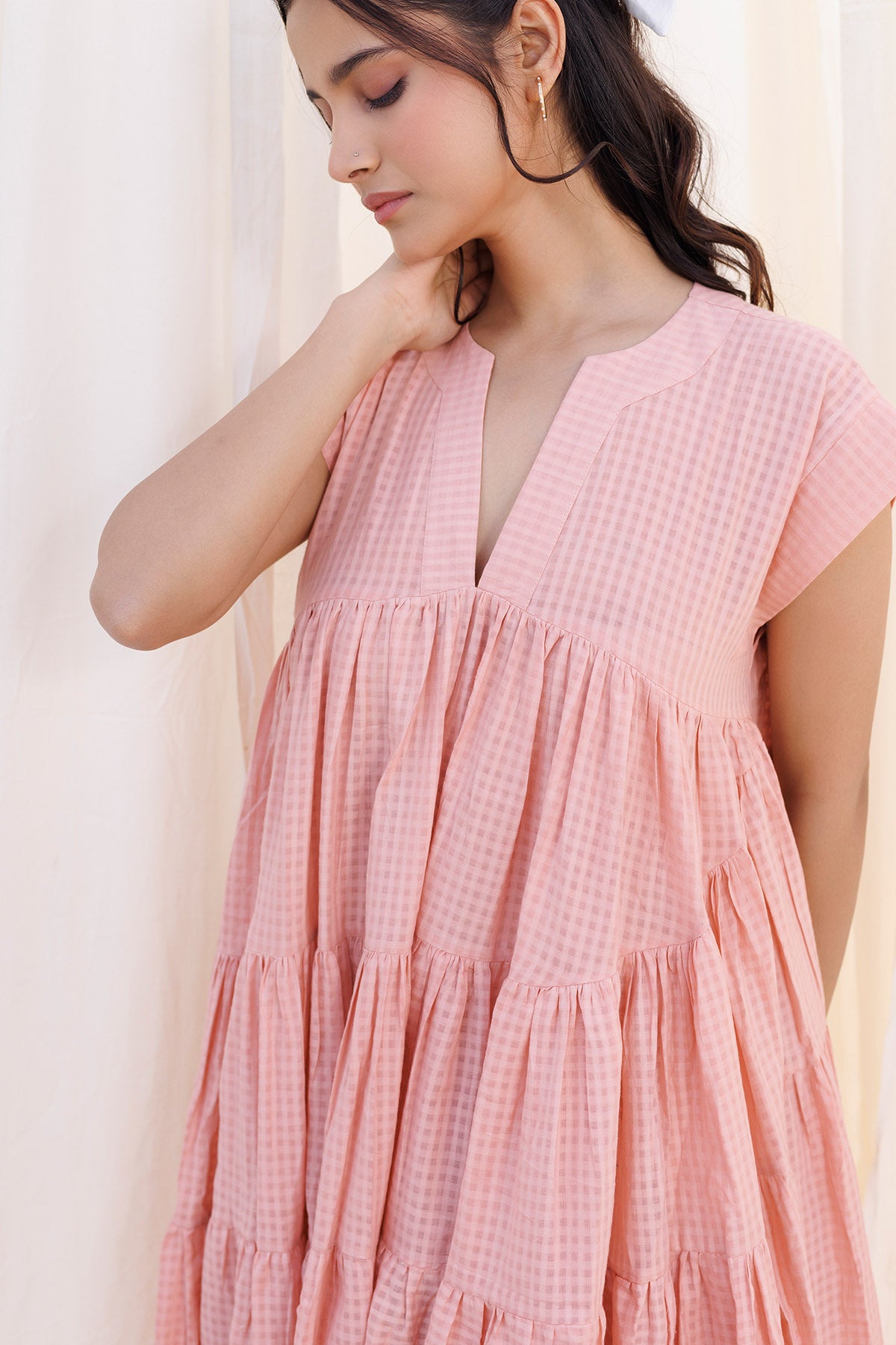 Peach Gathered 3 Tiered Dress