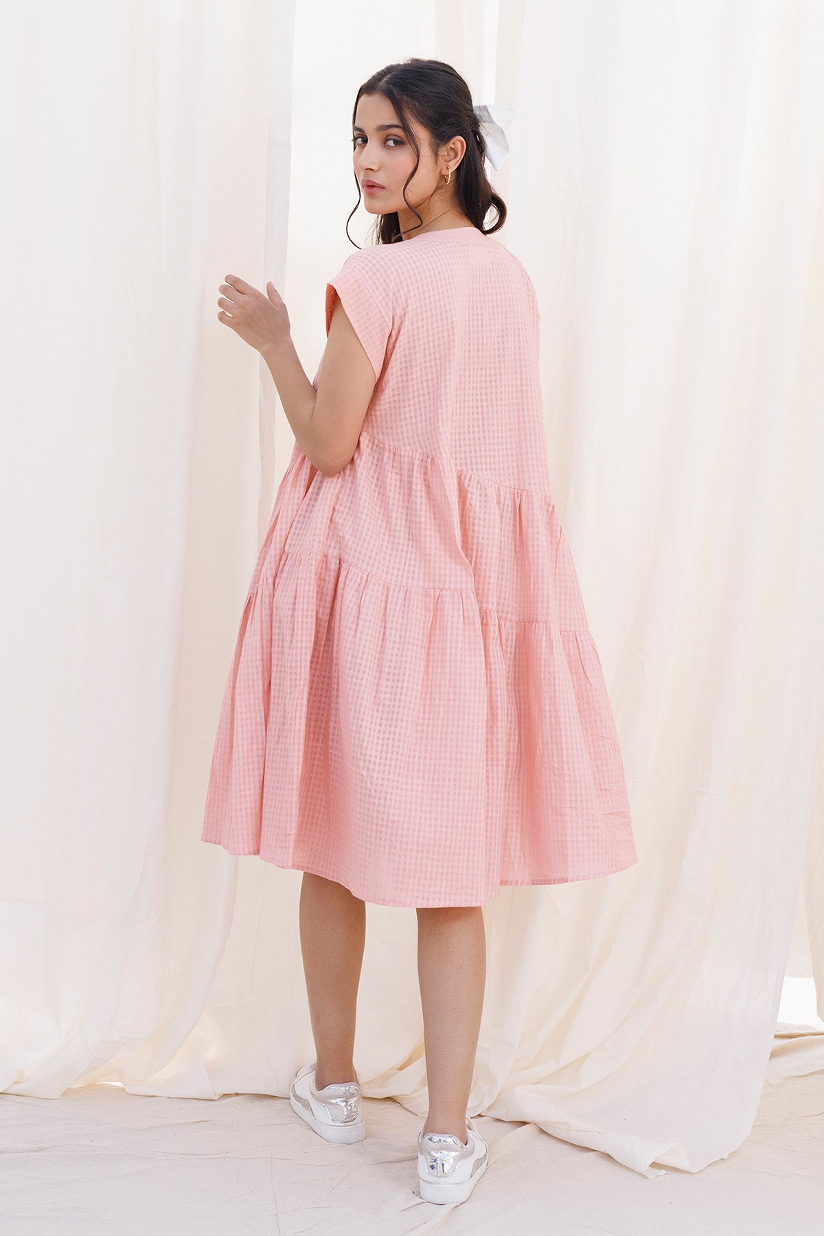Peach Gathered 3 Tiered Dress
