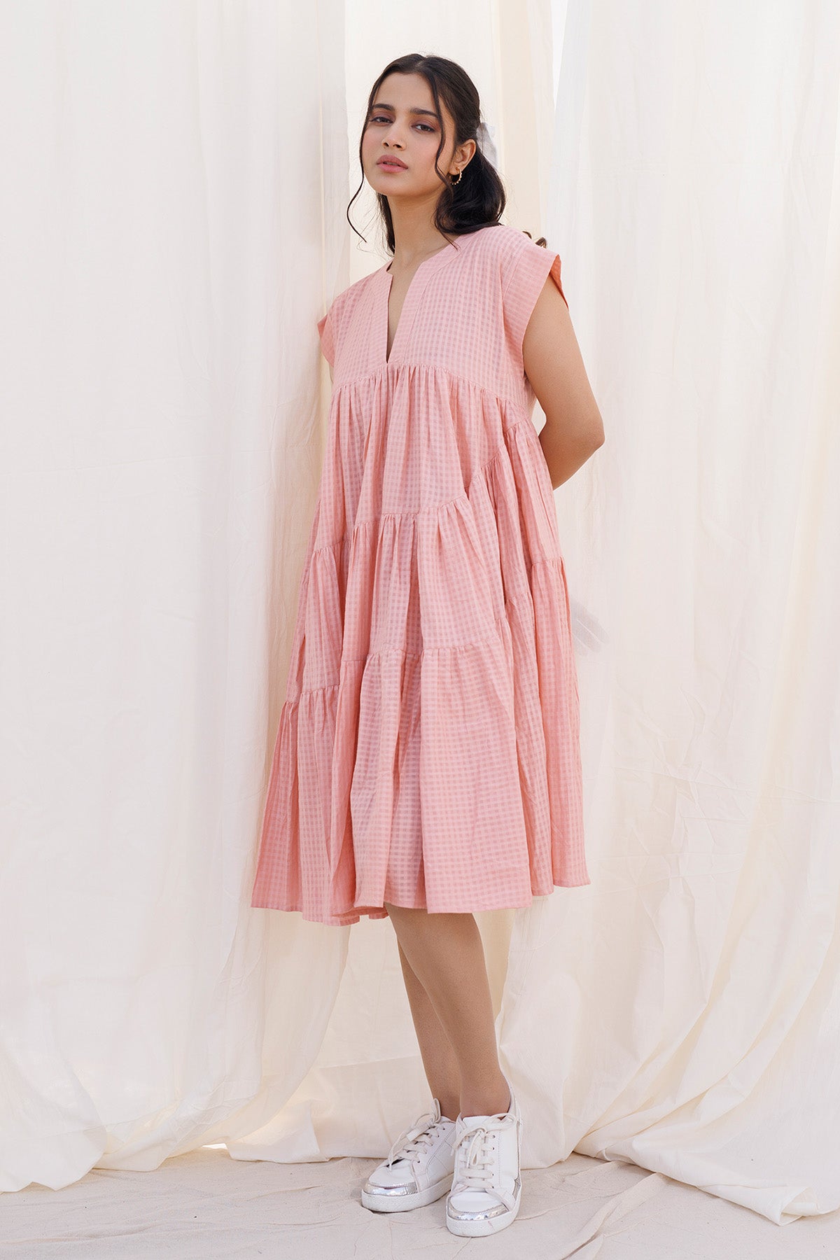 Peach Gathered 3 Tiered Dress