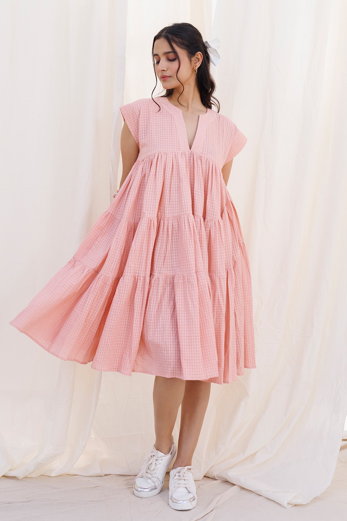 Buy Peach Gathered 3 Tiered Dress by Label Surabhi Raj for women online at ScrollnShops