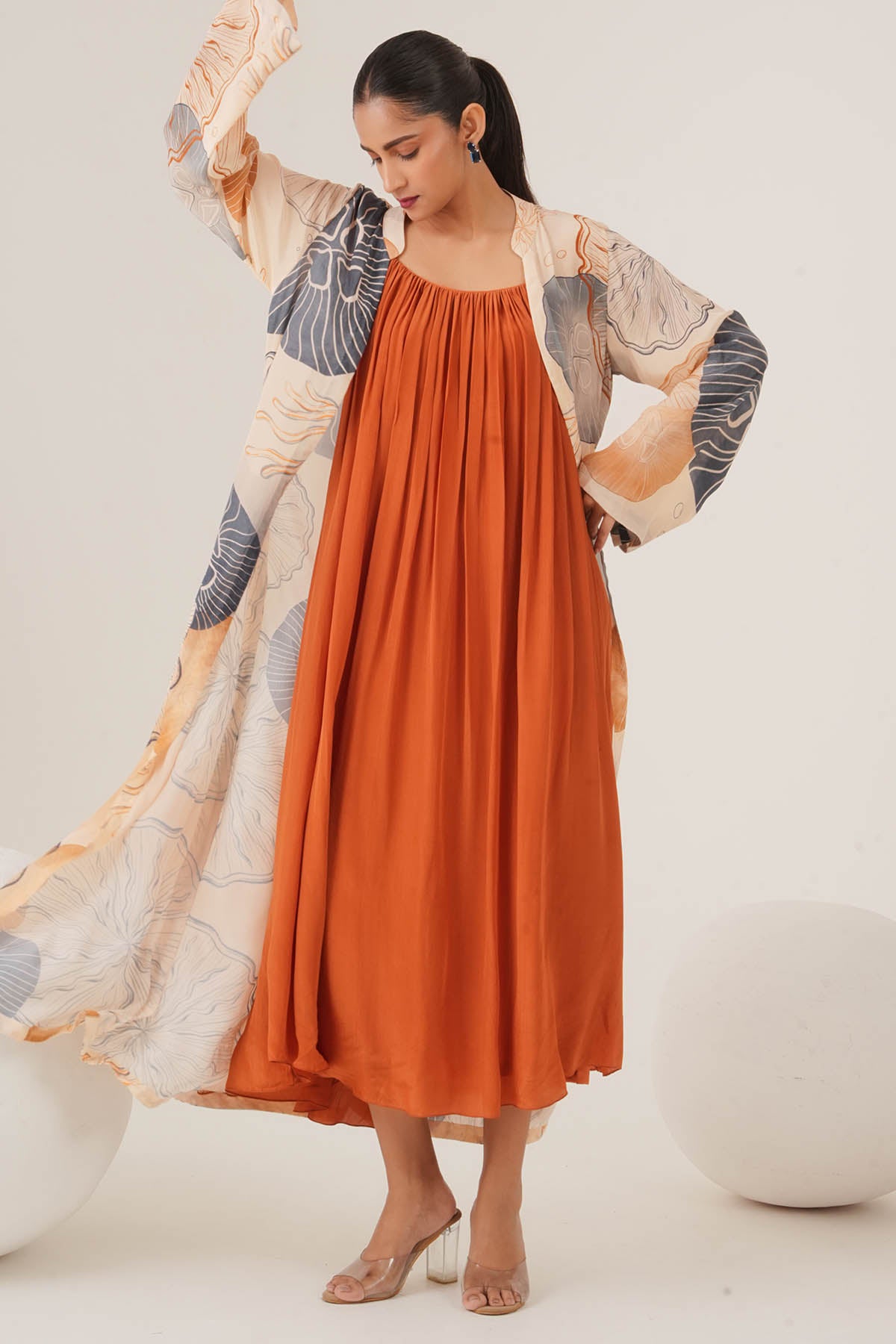 Peach Gathered Dress & Jacket