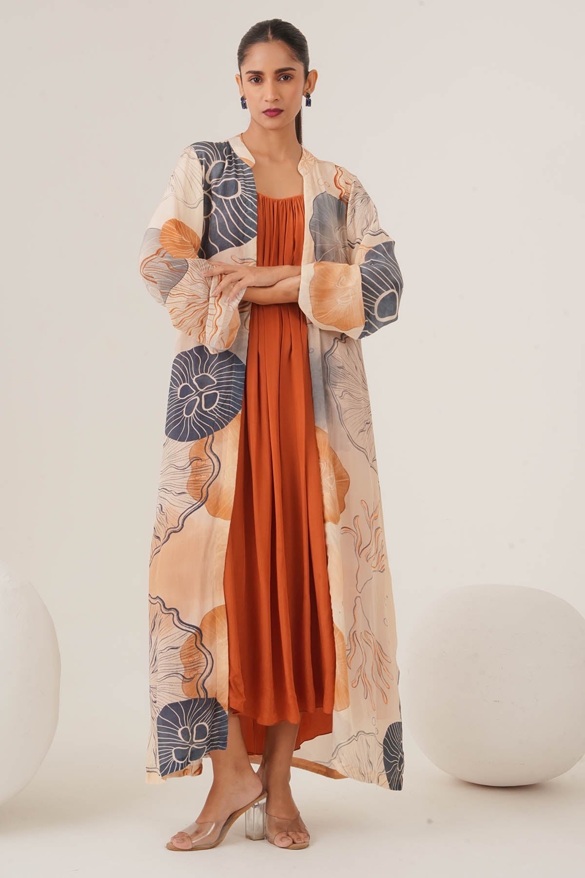 Buy Peach Gathered Dress & Jacket by Shristi Chetani for women online at ScrollnShops