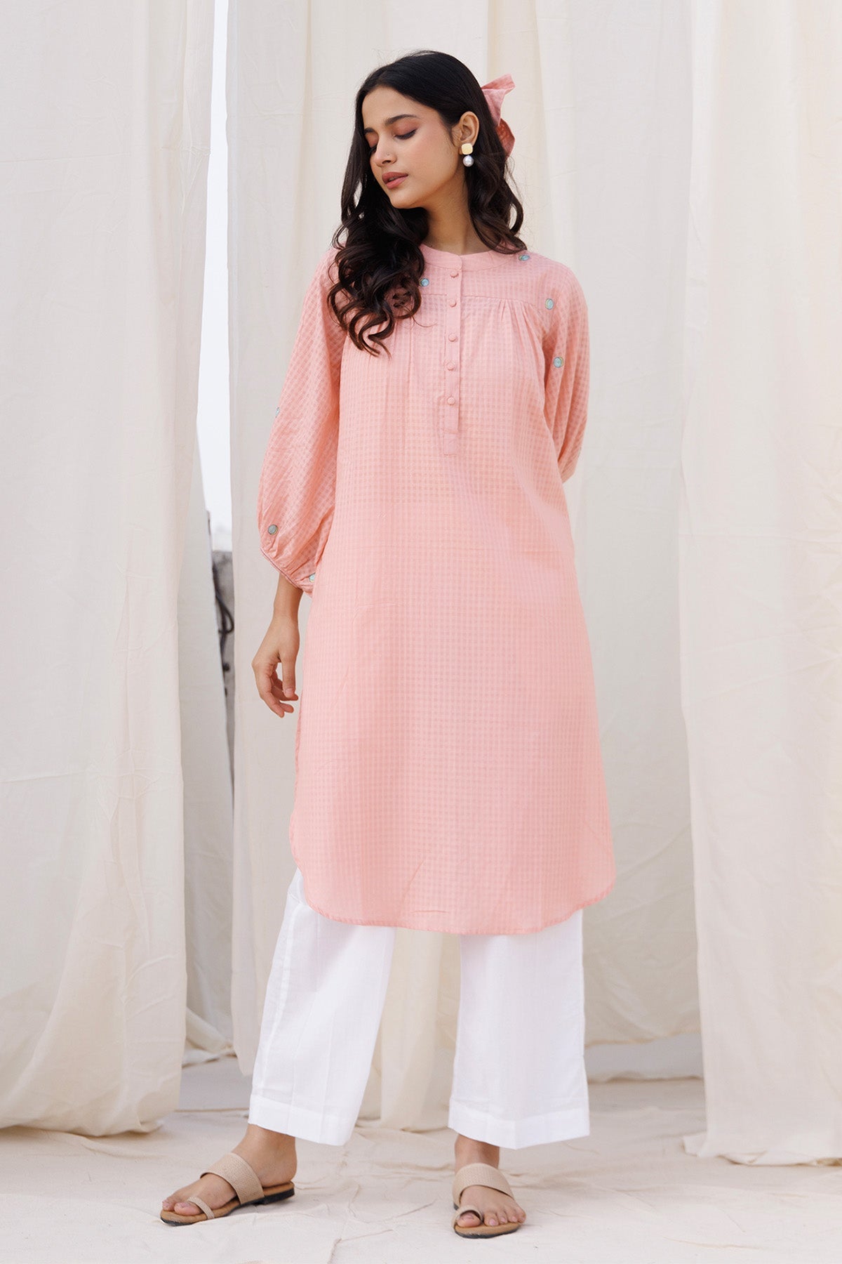 Buy Peach Gathered Kurta & Pants by Label Surabhi Raj for women online at ScrollnShops
