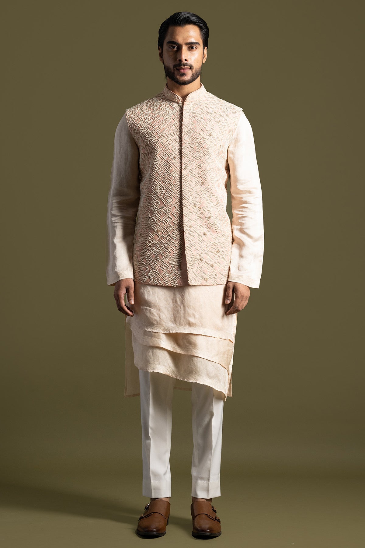 Buy Peach Geometric Chir Kurta Set for men by Paarsh Atelier online available at scrollnshops