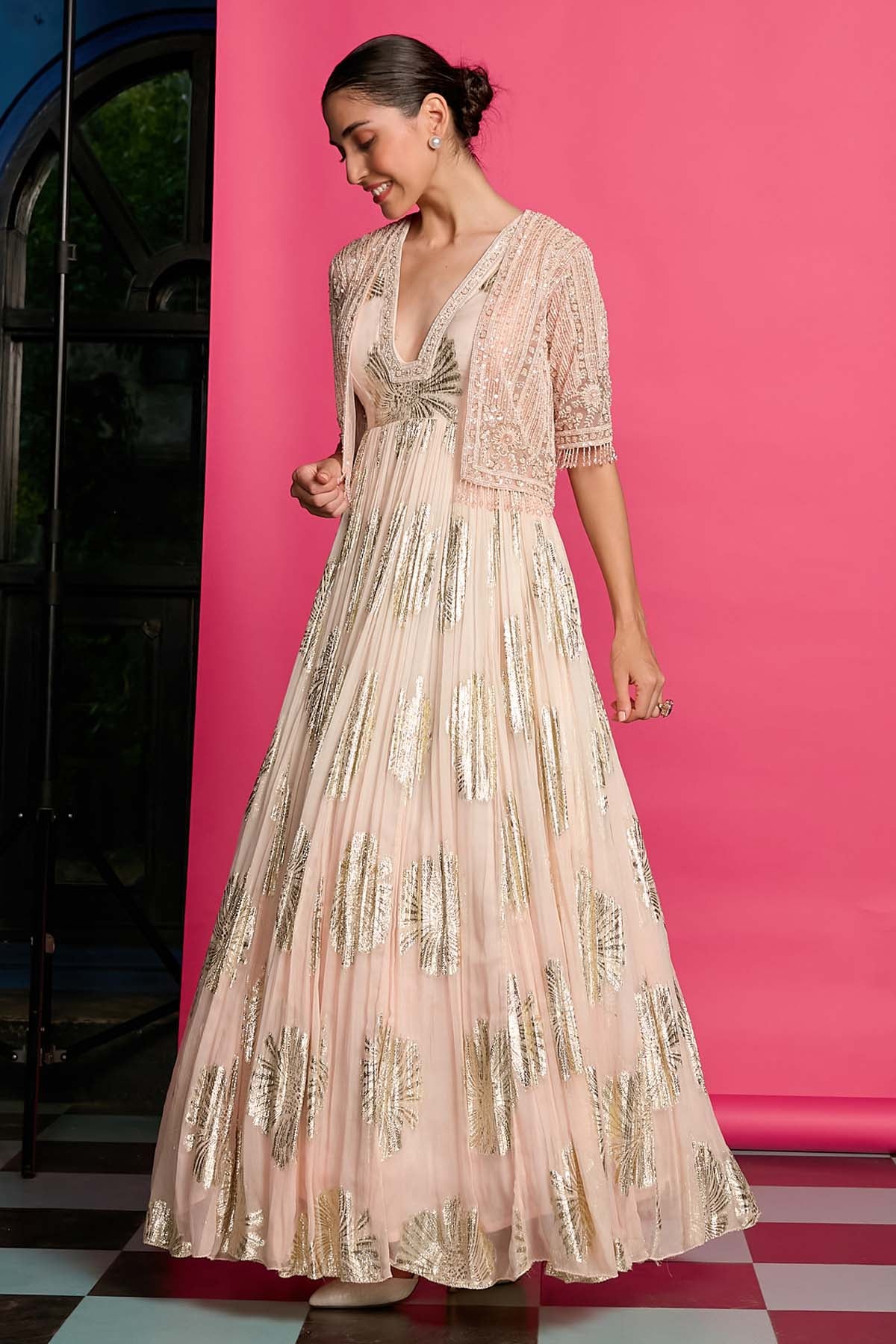 Peach Georgette Anarkali & Jacket