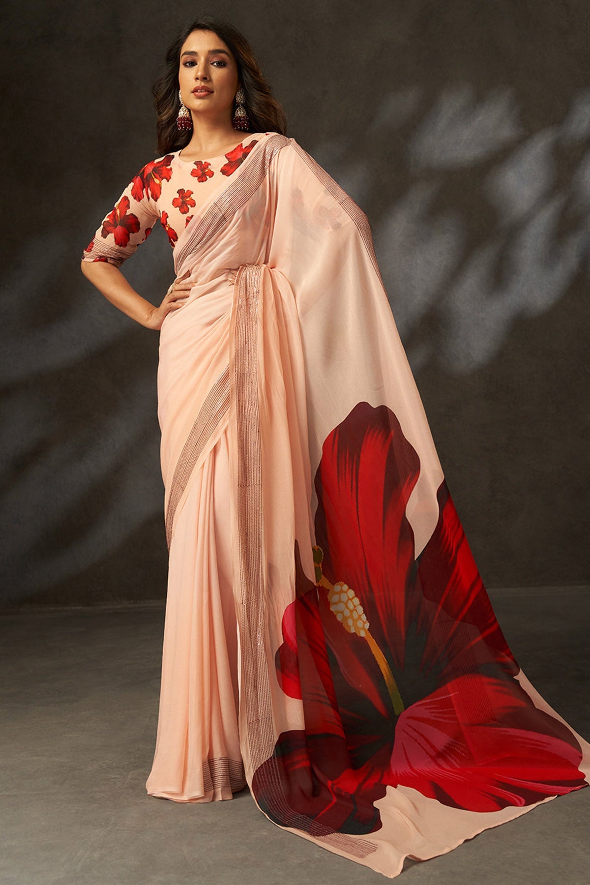 Buy Peach Georgette Digital Saree for women by Aastha Fashion online available at scrollnshops