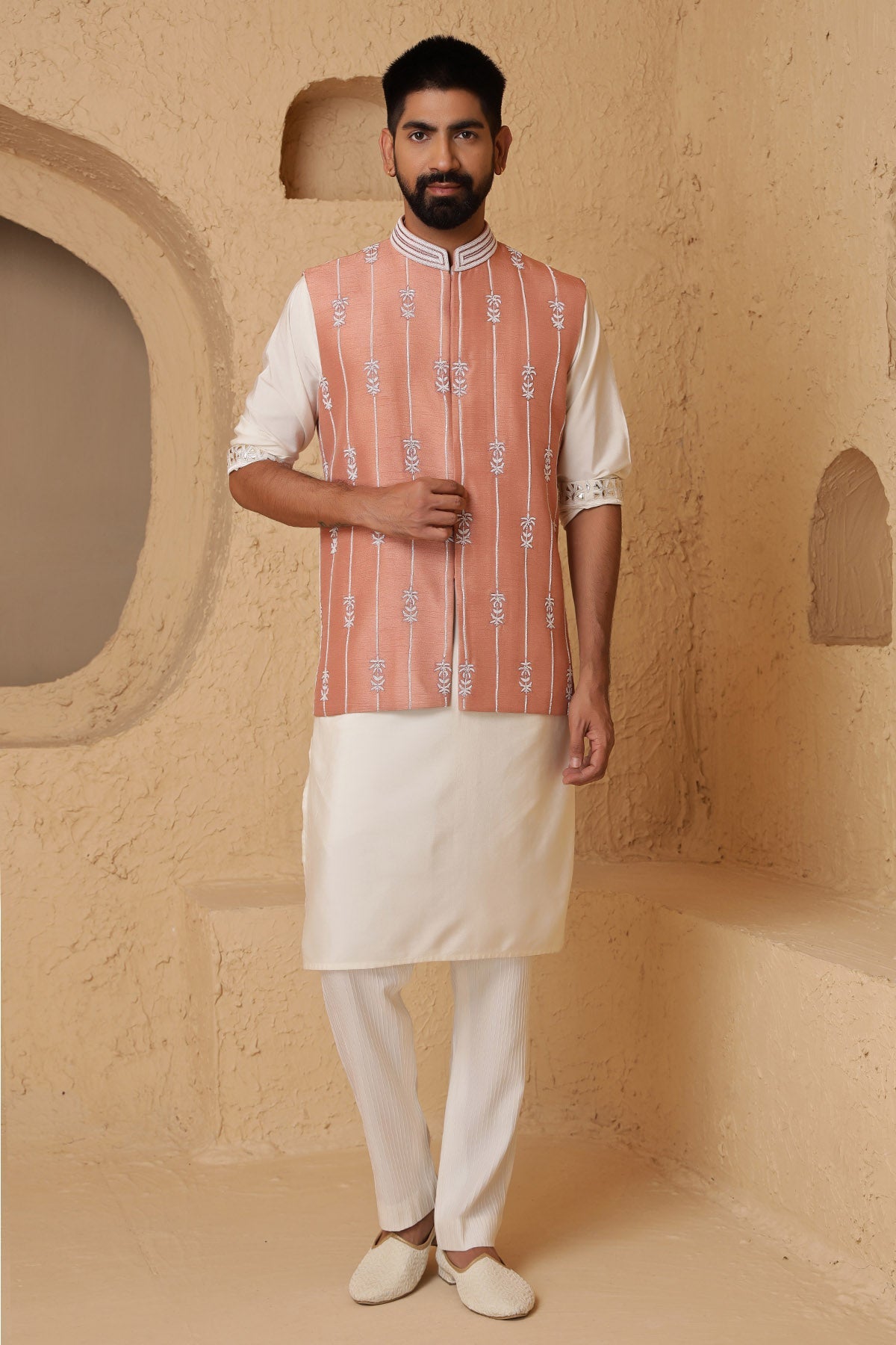Buy Peach Glass Beads Kurta & Pants for Men by Designer Harshita Dhanawat available online at ScrollnShops