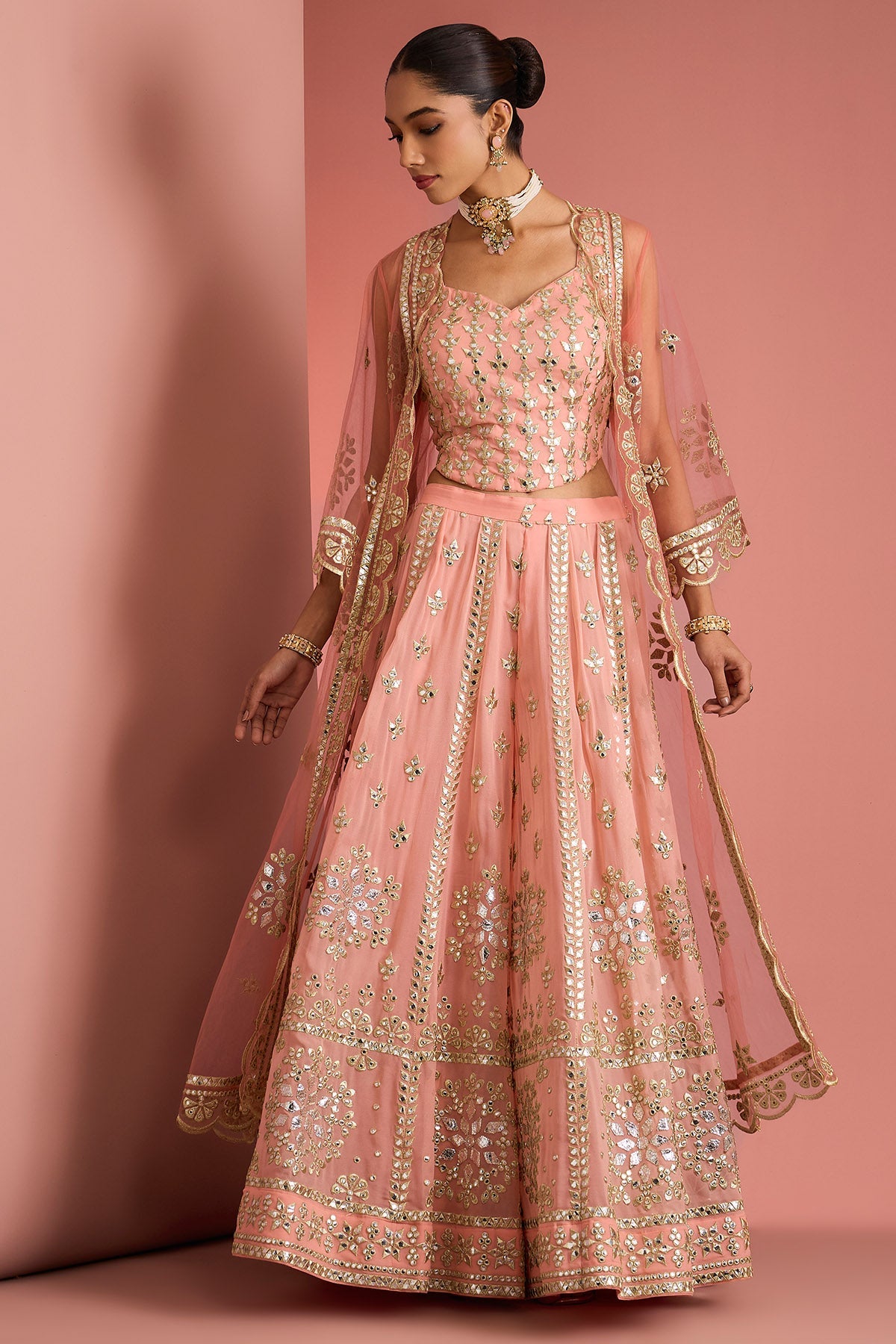 Buy Peach Gota Applique Lehenga Set for women by Milu Madan online available at scrollnshops