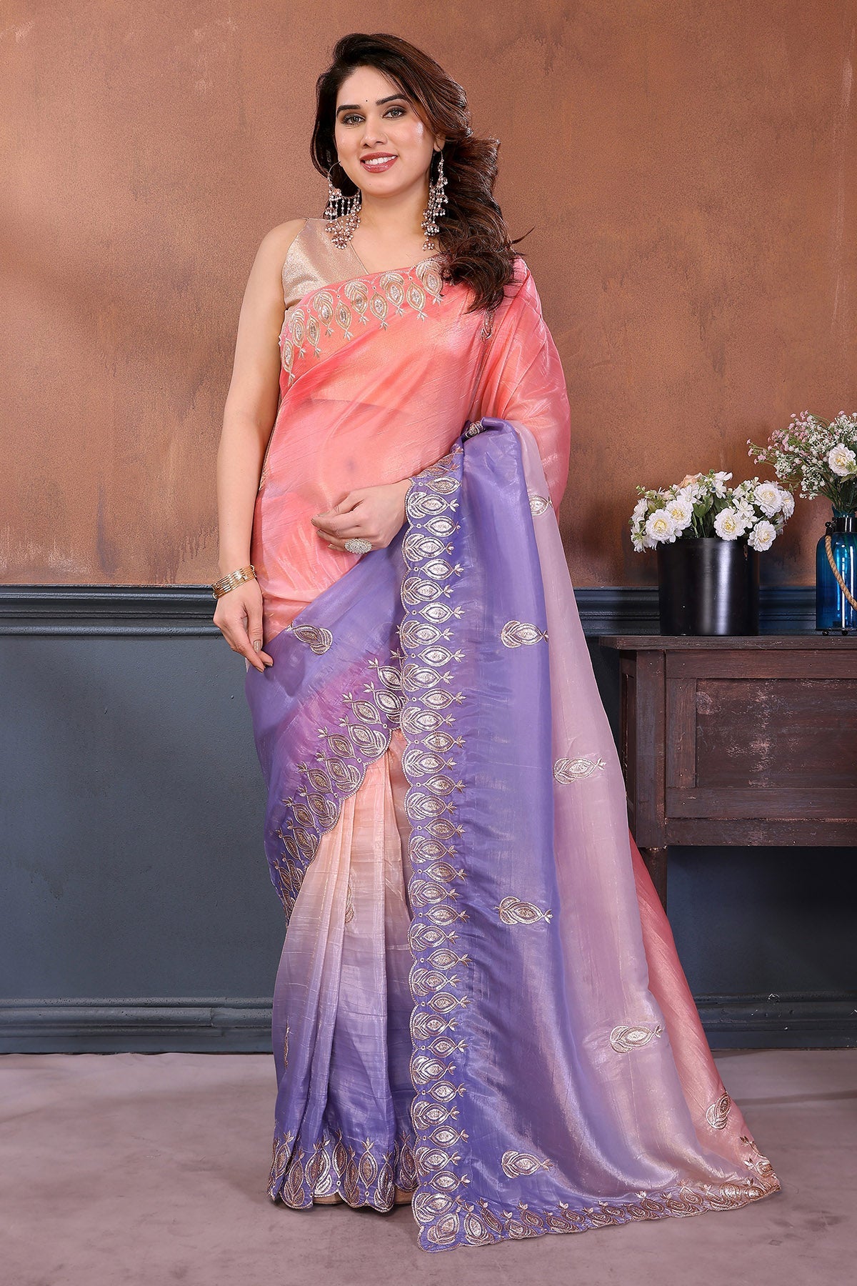 Buy Peach Gota Embroidered Saree for women by Aastha Fashion online available at scrollnshops