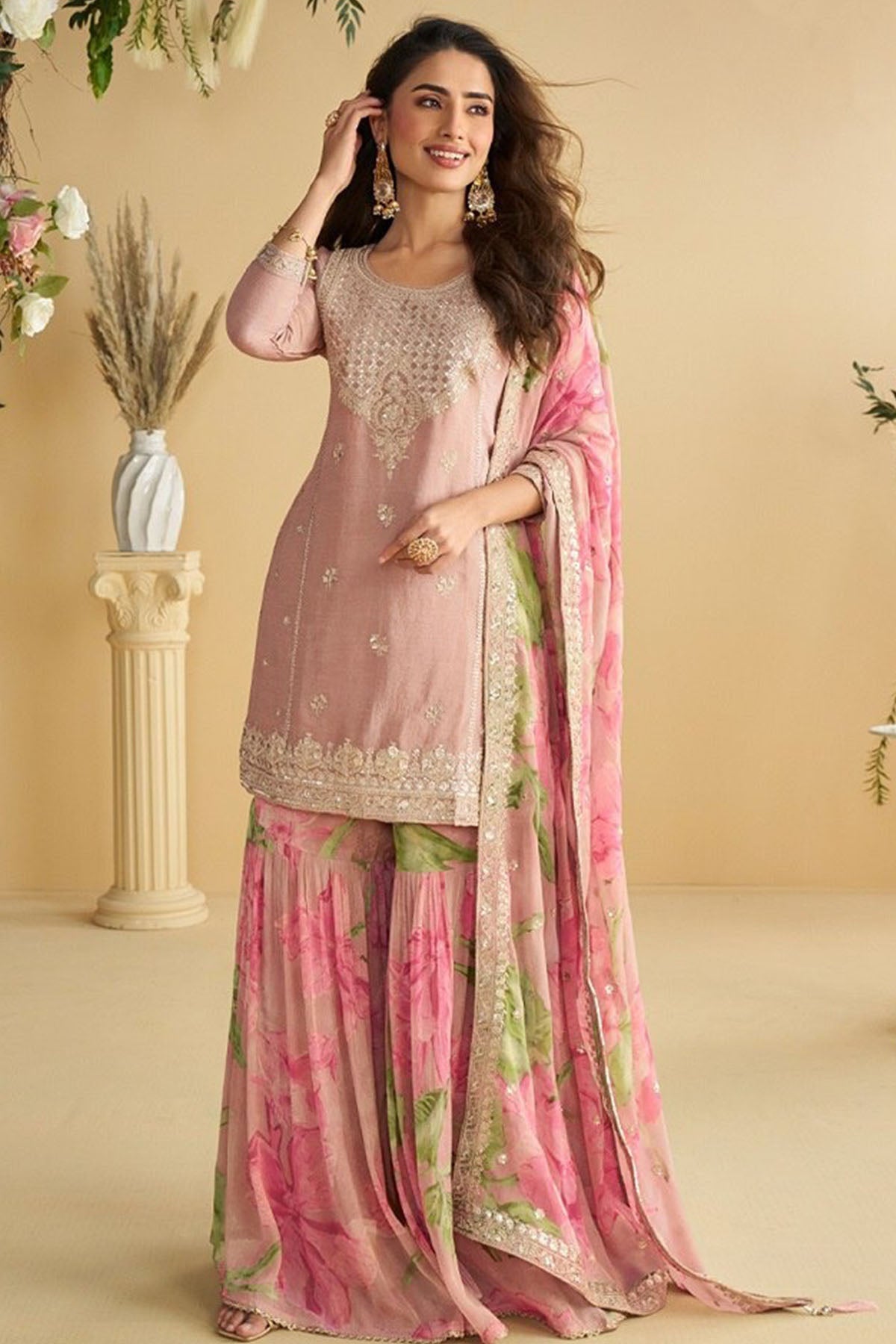 Buy Peach Heavy Chinon Kurta Set for women by Aastha Fashion online available at scrollnshops
