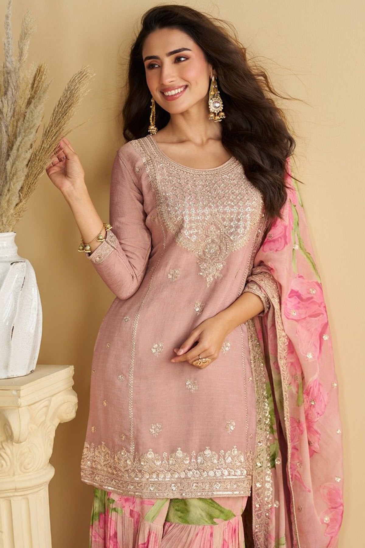 Peach Heavy Chinon Kurta Set