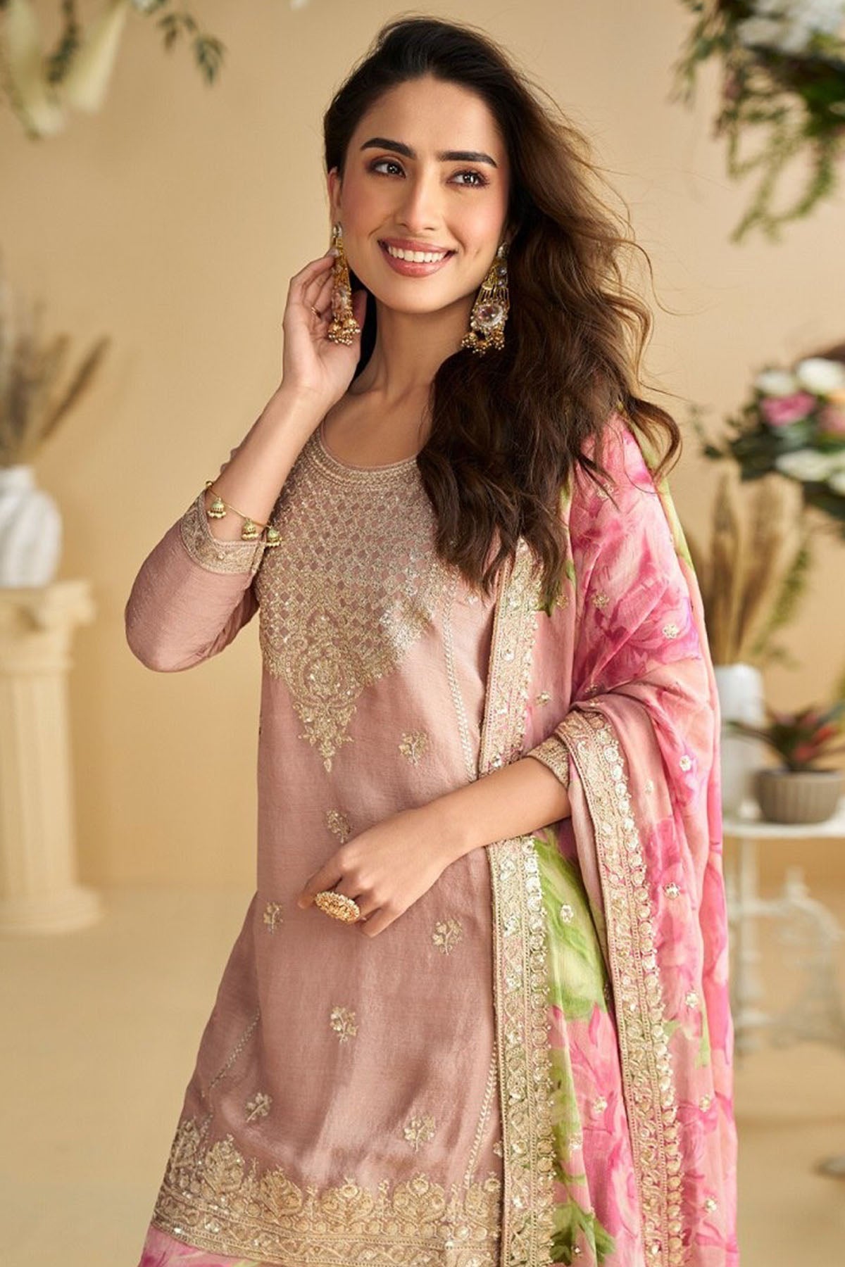 Peach Heavy Chinon Kurta Set