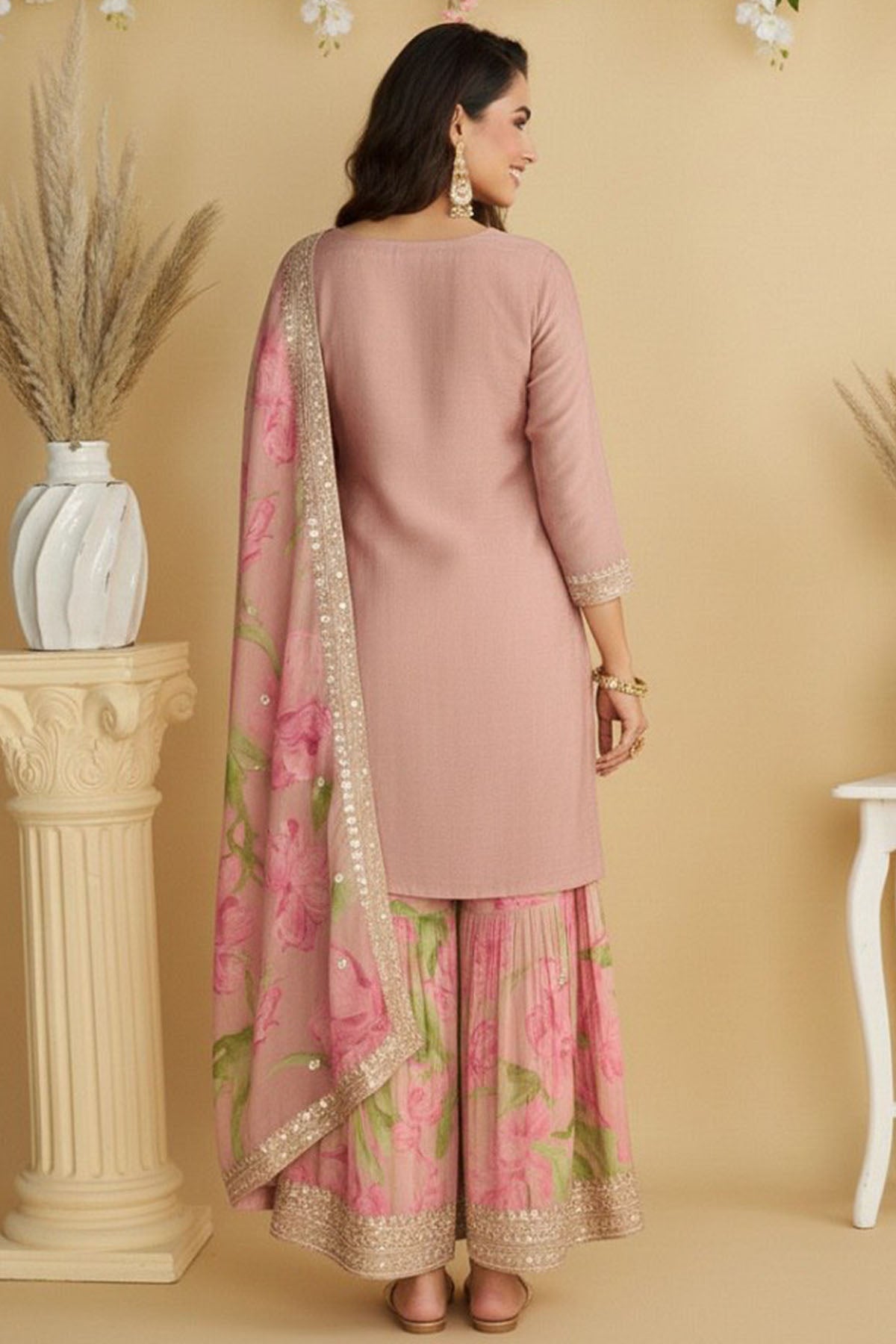 Peach Heavy Chinon Kurta Set