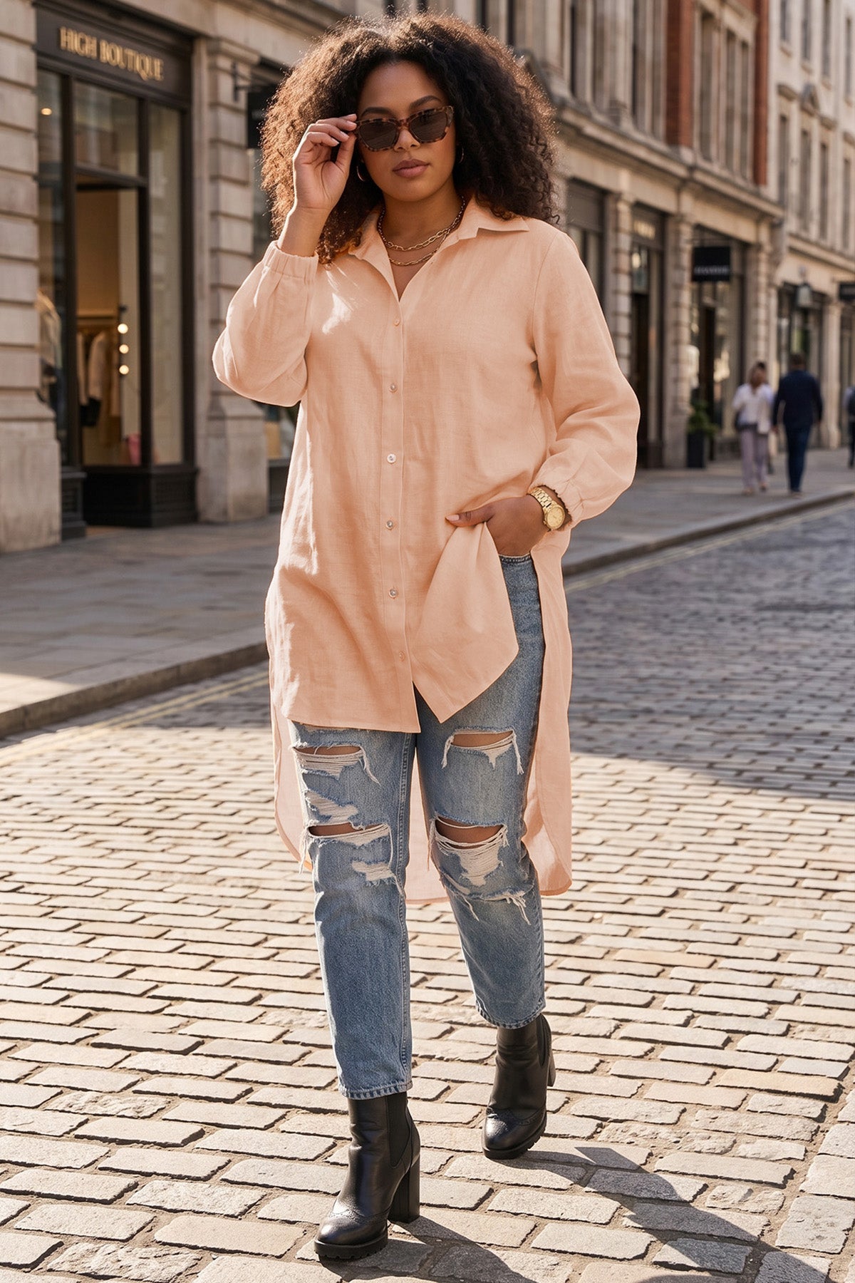 Peach High Low Buttoned Shirt