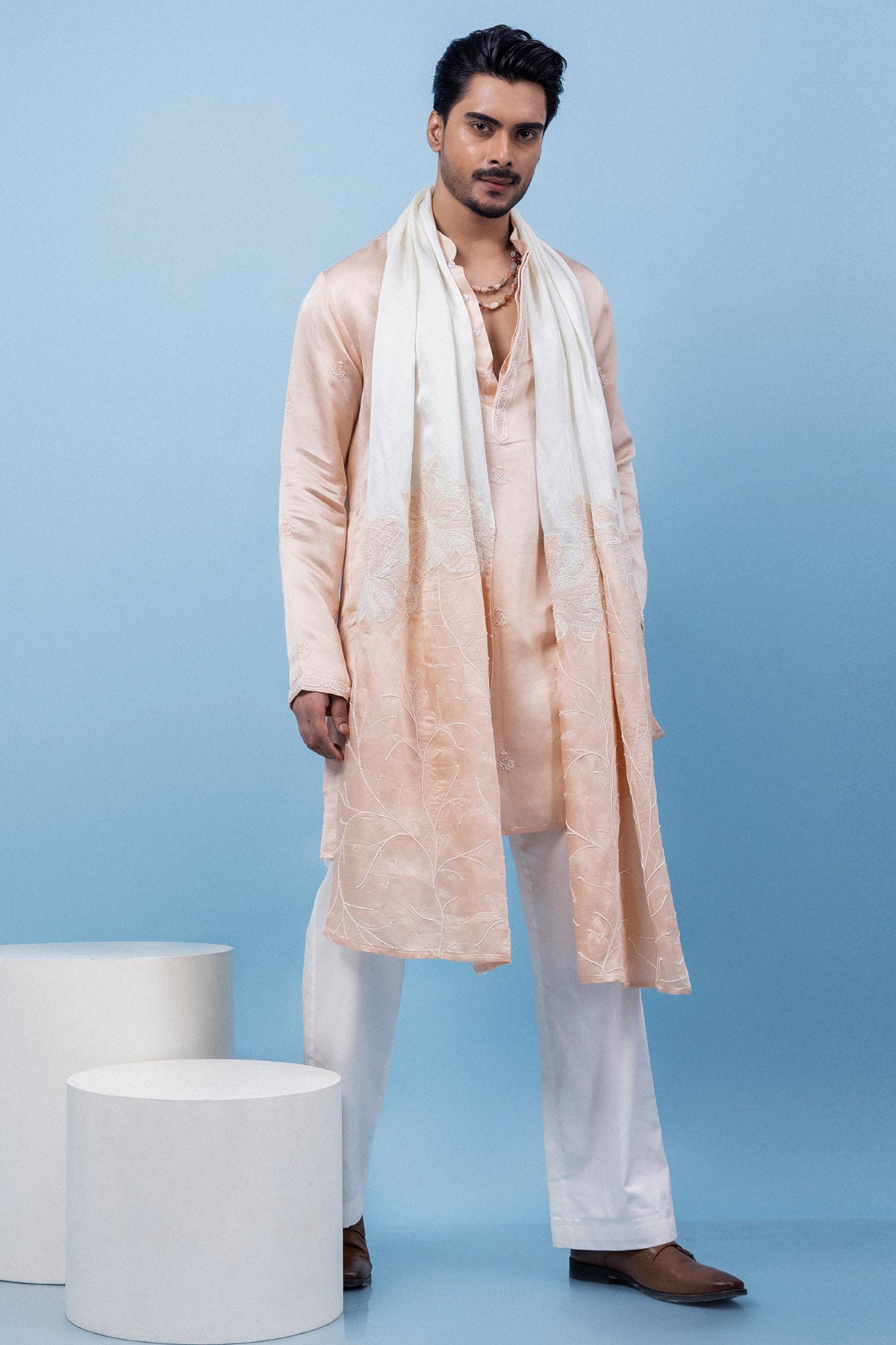 Peach Ivory Linen Satin Kurta