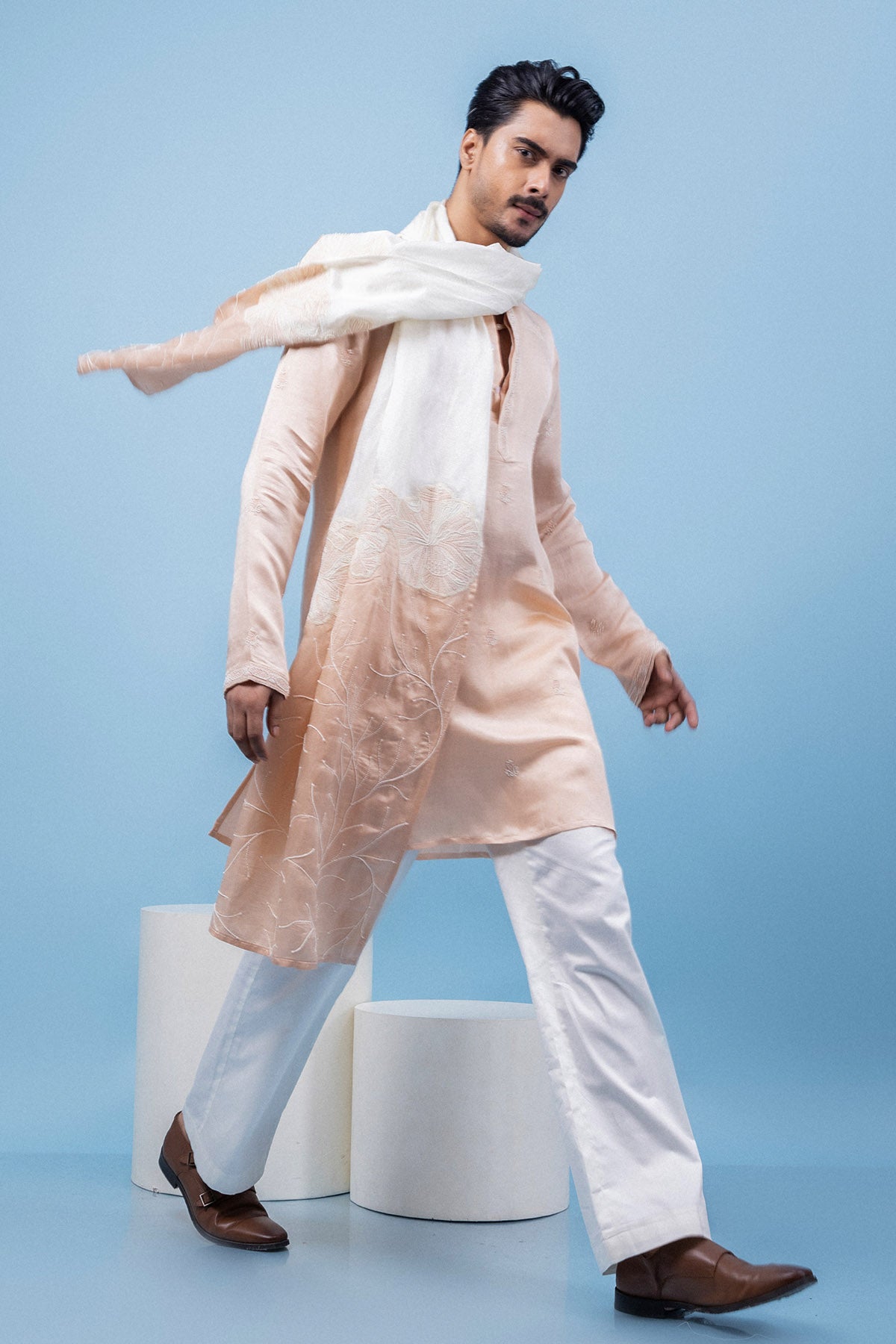 Peach Ivory Linen Satin Kurta