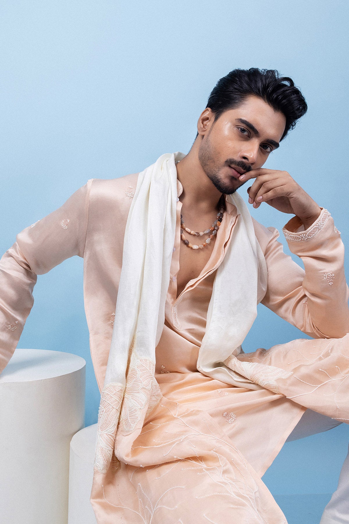 Peach Ivory Linen Satin Kurta