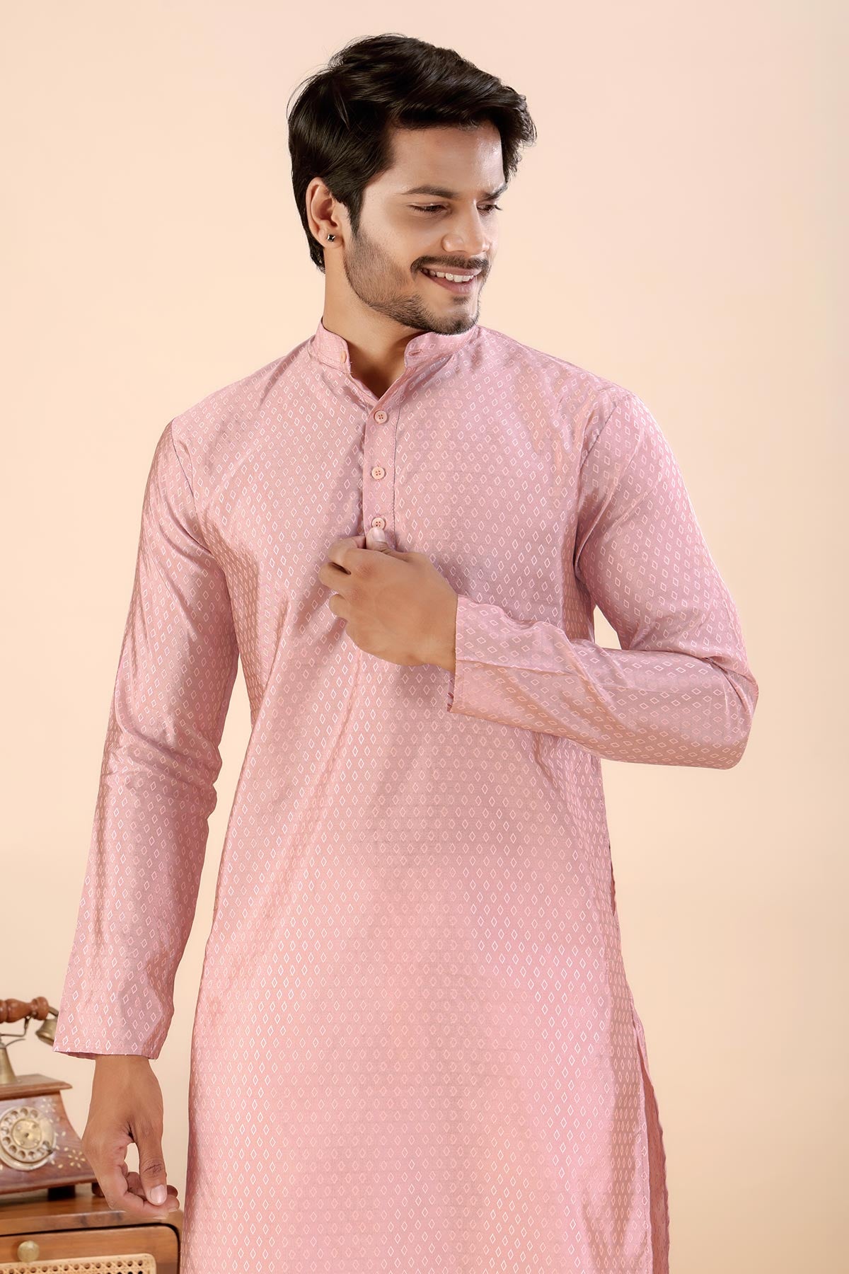 Peach Jhimi Silk Collar Kurta