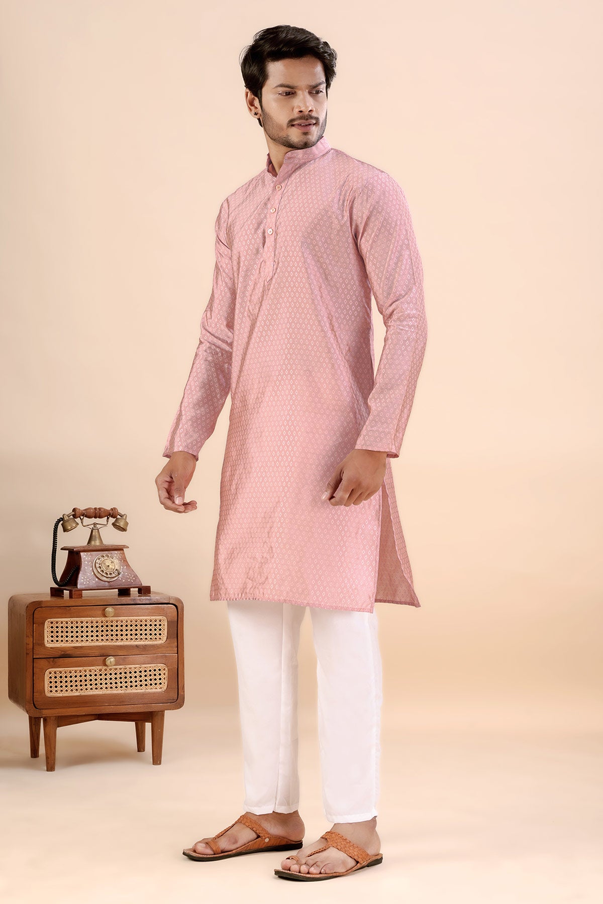 Peach Jhimi Silk Collar Kurta