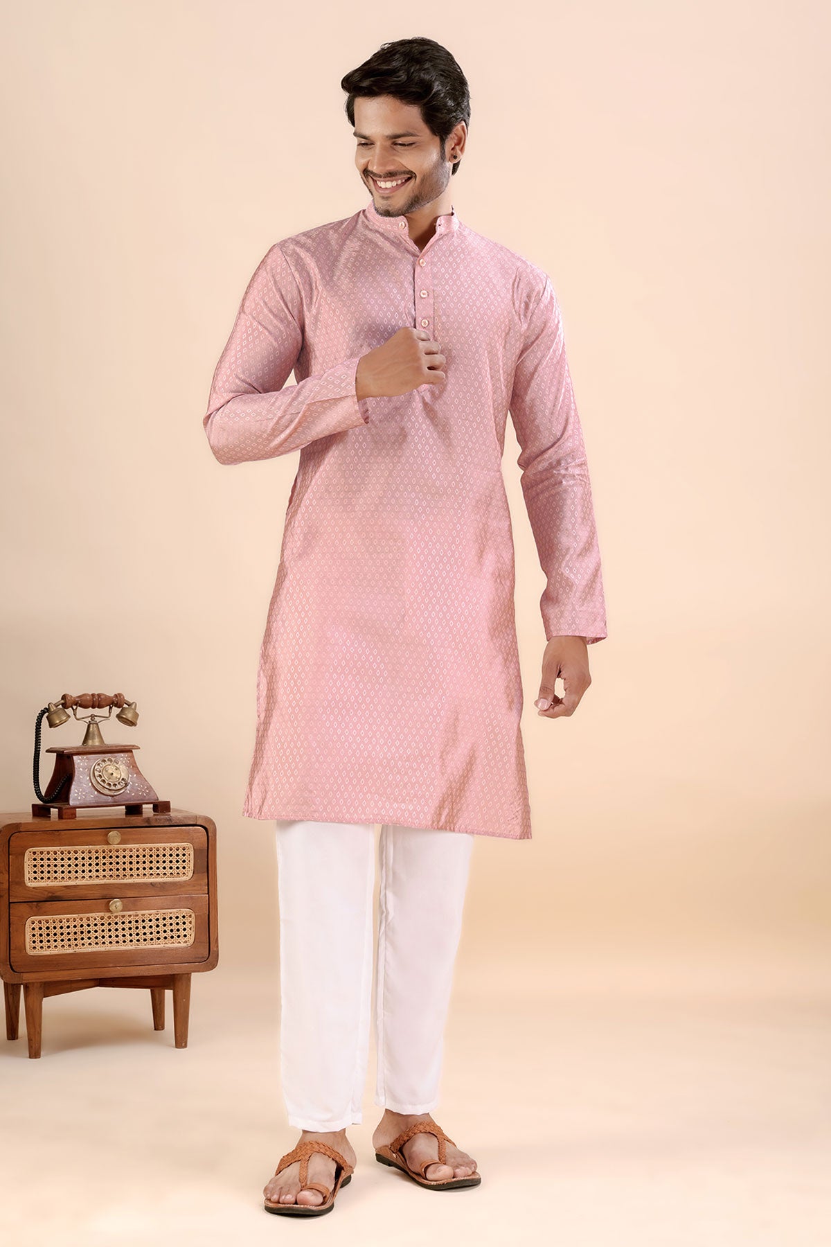 Buy Peach Jhimi Silk Collar Kurta for men by Aastha Fashion online available at scrollnshops