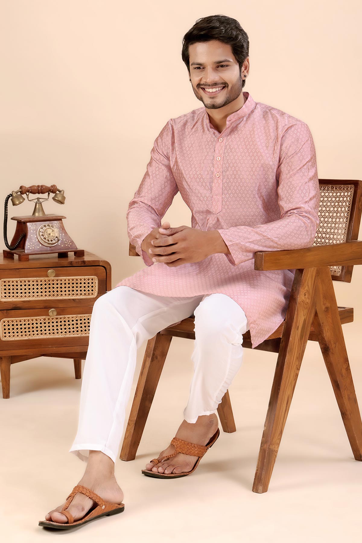 Peach Jhimi Silk Collar Kurta