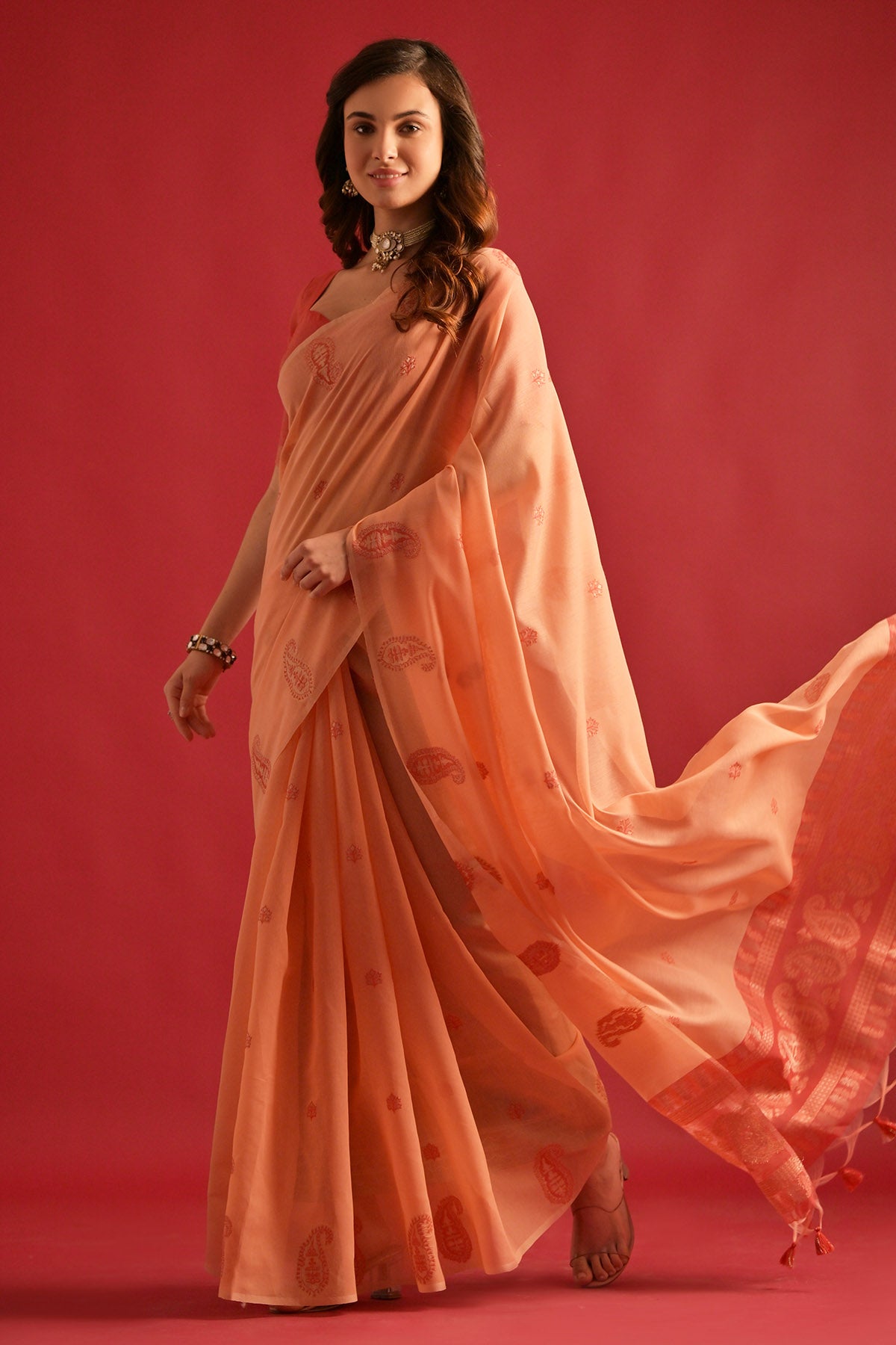 Peach Keri Weaving Work Saree