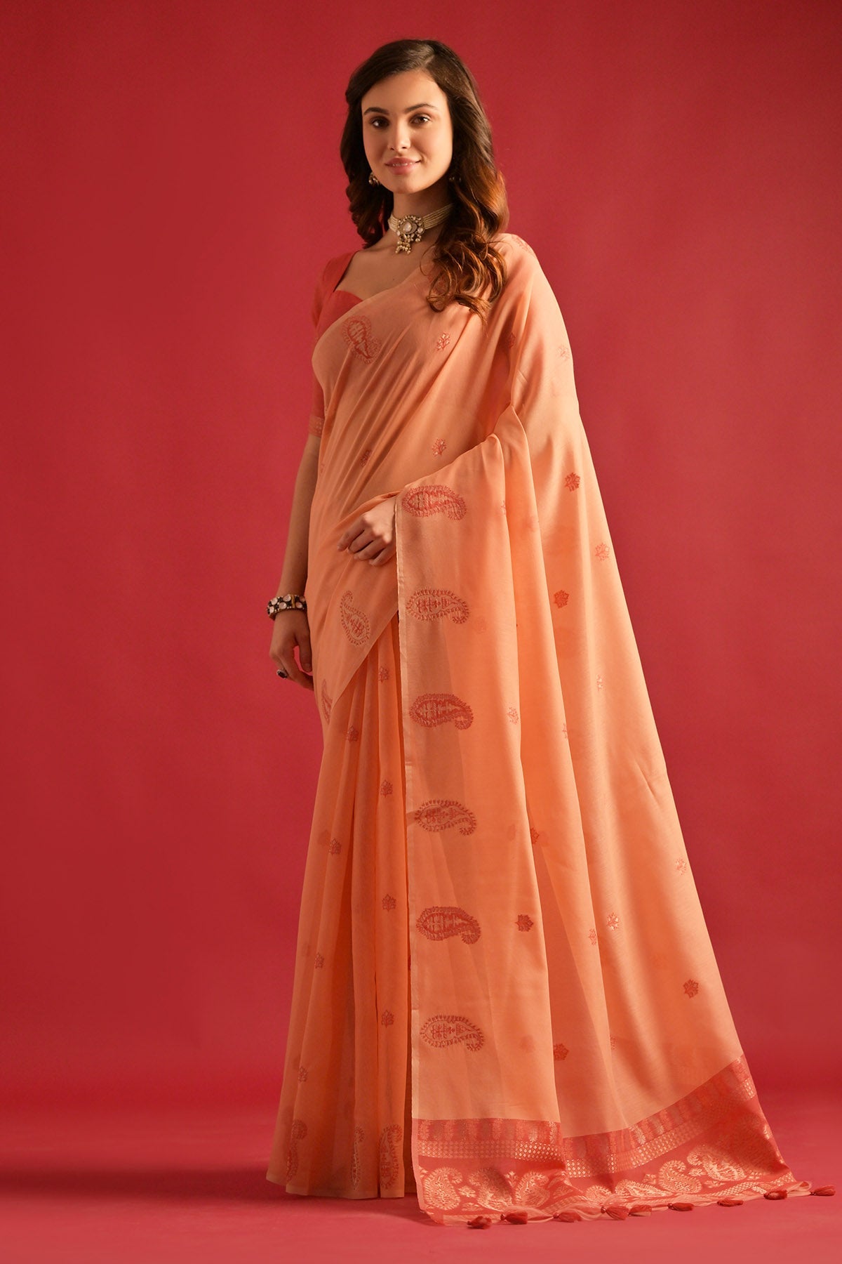 Buy Peach Keri Weaving Work Saree by Lili Lala for women online at ScrollnShops