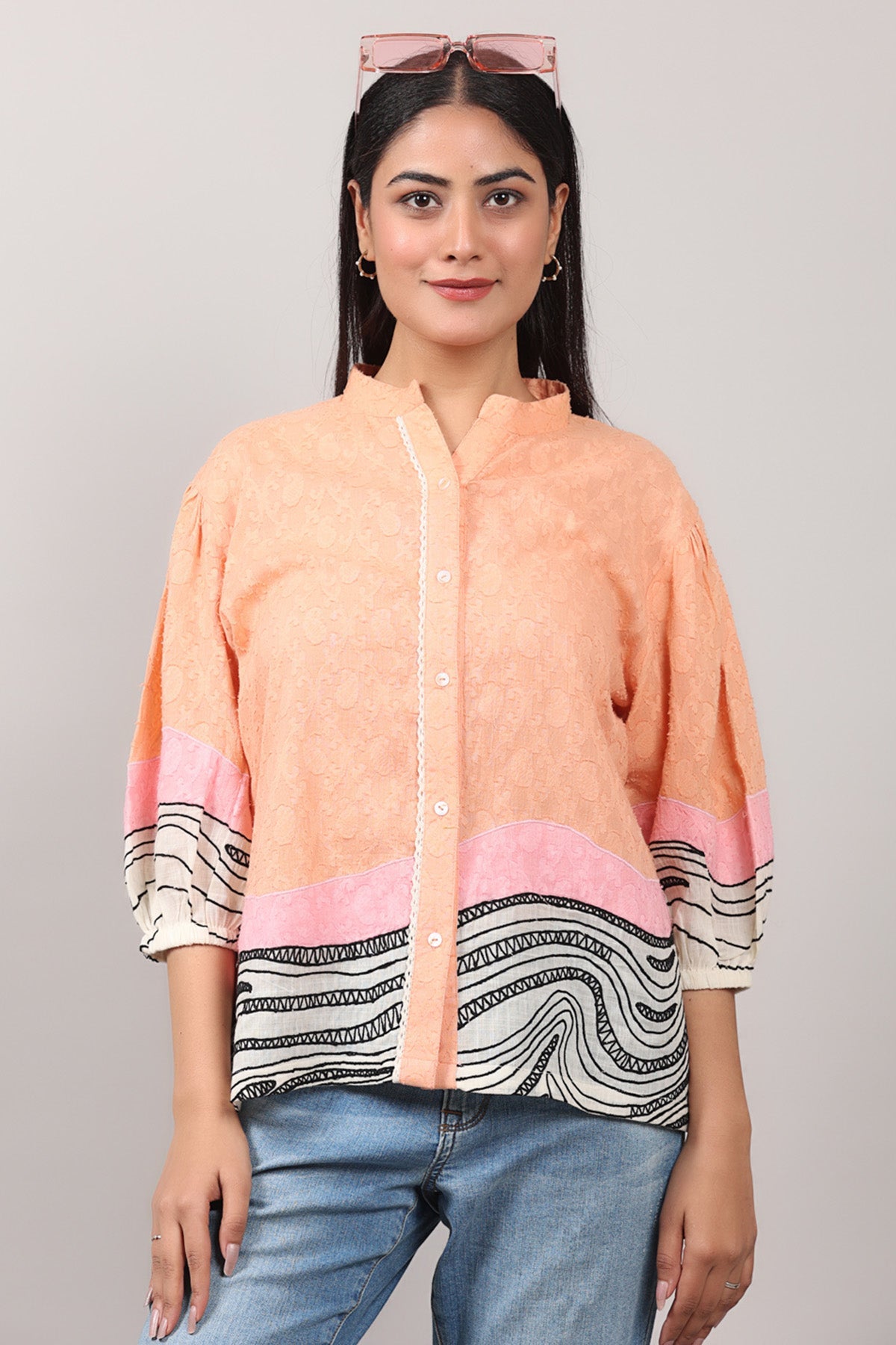 Buy Peach Lace Embroidered Shirt by OSKOS for women online at ScrollnShops