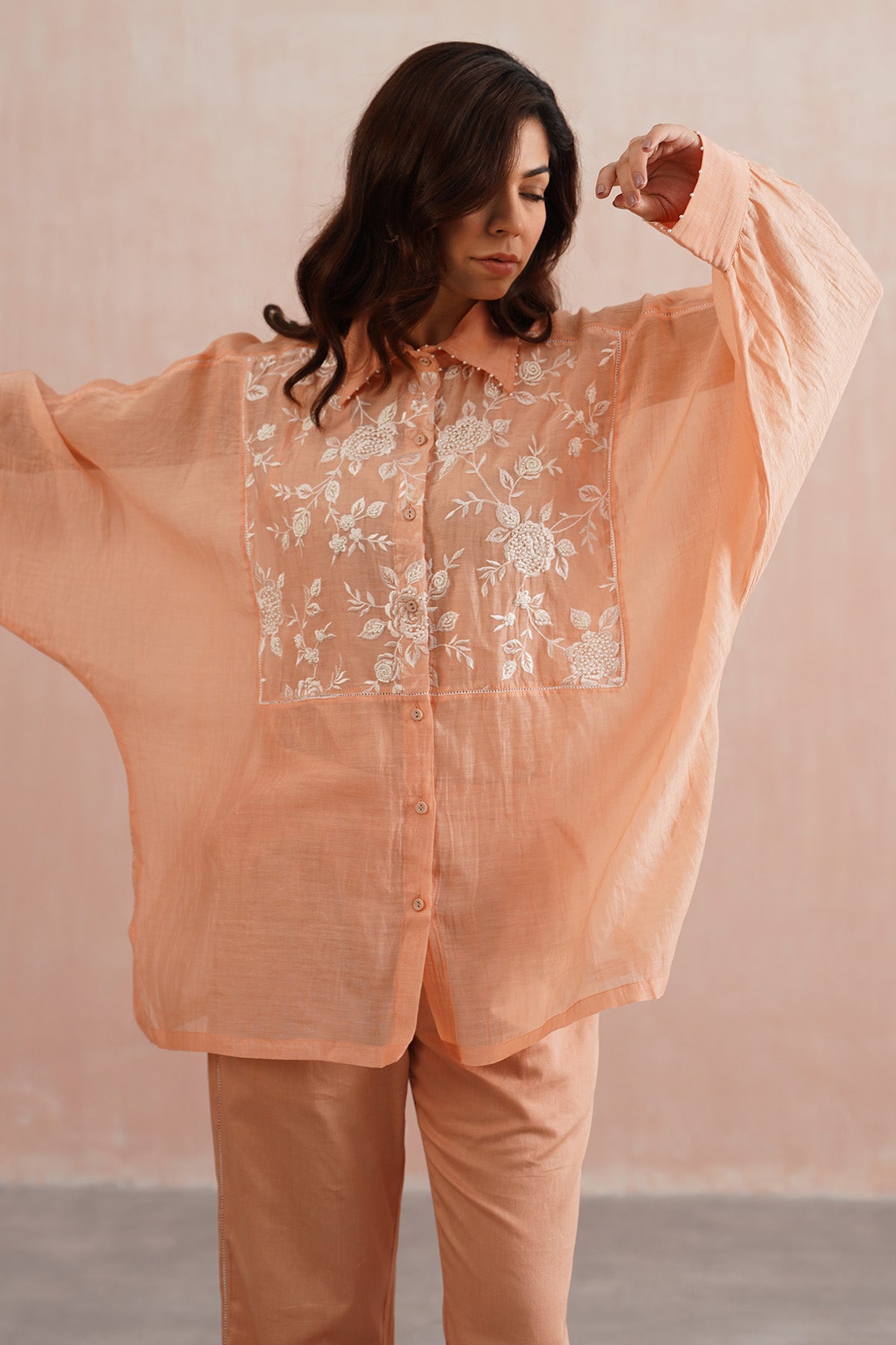 Peach Lace Work Shirt & Pants