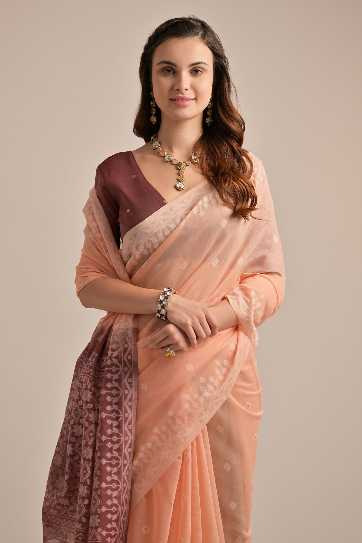 Peach Lakhnavi Weaves Saree