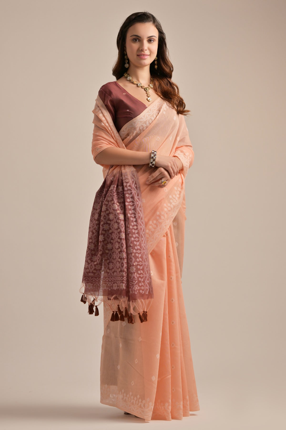 Peach Lakhnavi Weaves Saree