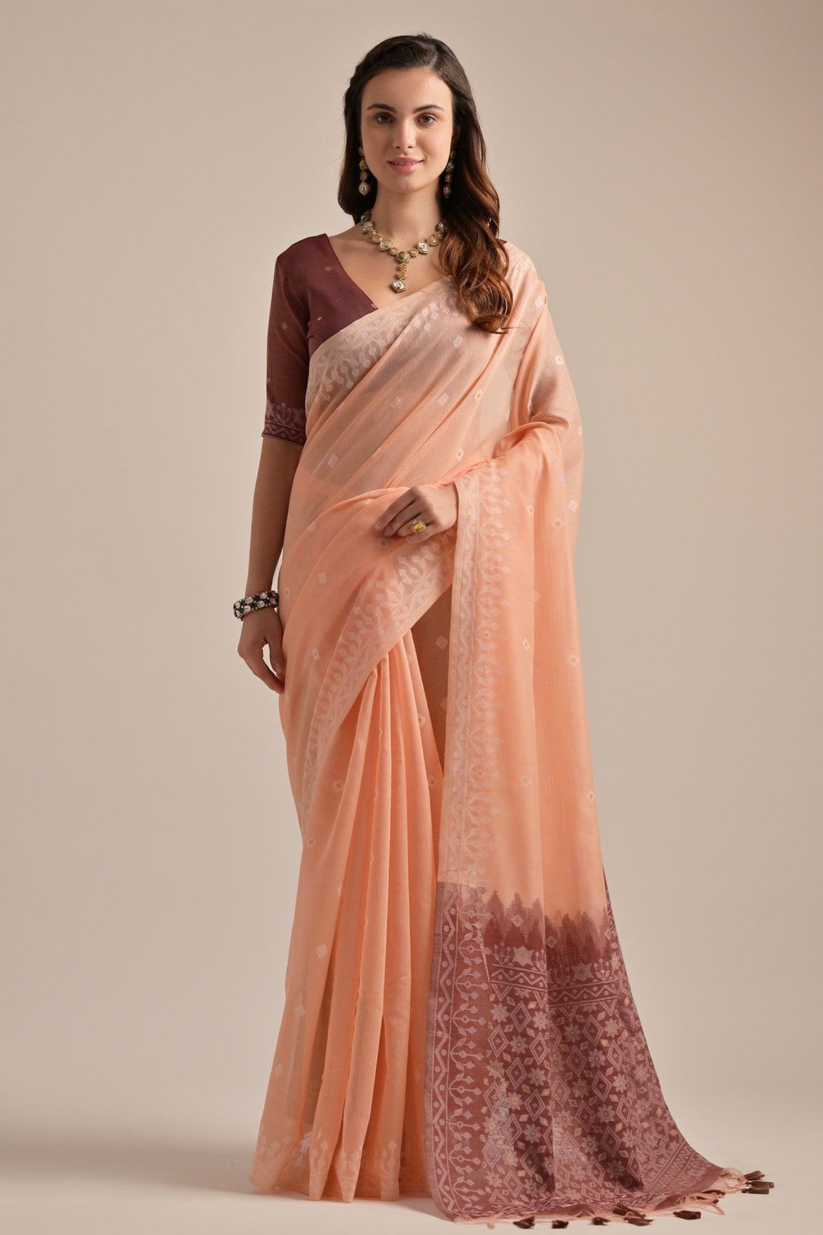 Buy Peach Lakhnavi Weaves Saree by Lili Lala for women online at ScrollnShops