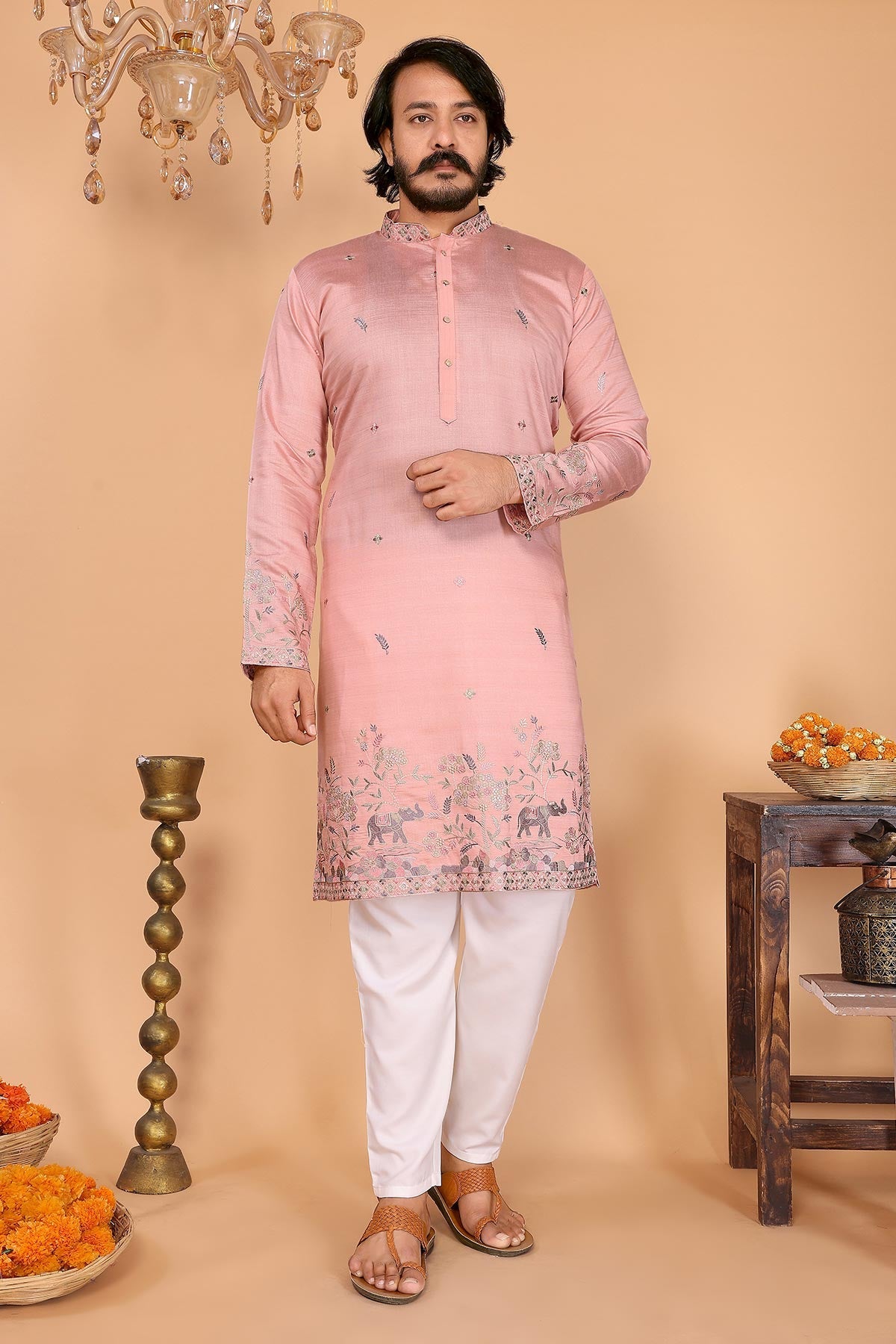 Buy Peach Linen Cotton Kurta Pants for men by Jyoti Fashion online available at scrollnshops