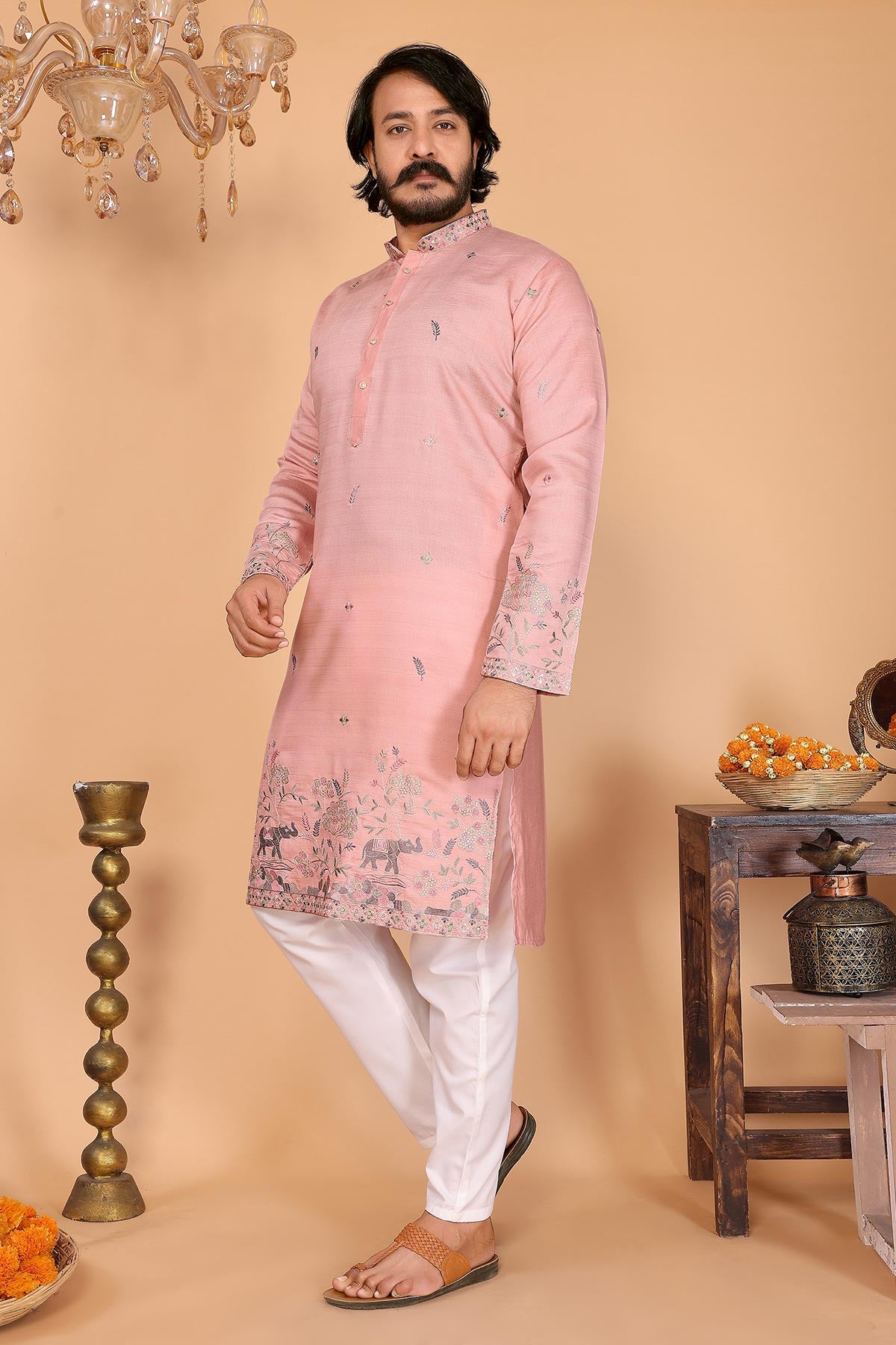 Peach Linen Cotton Kurta Pants