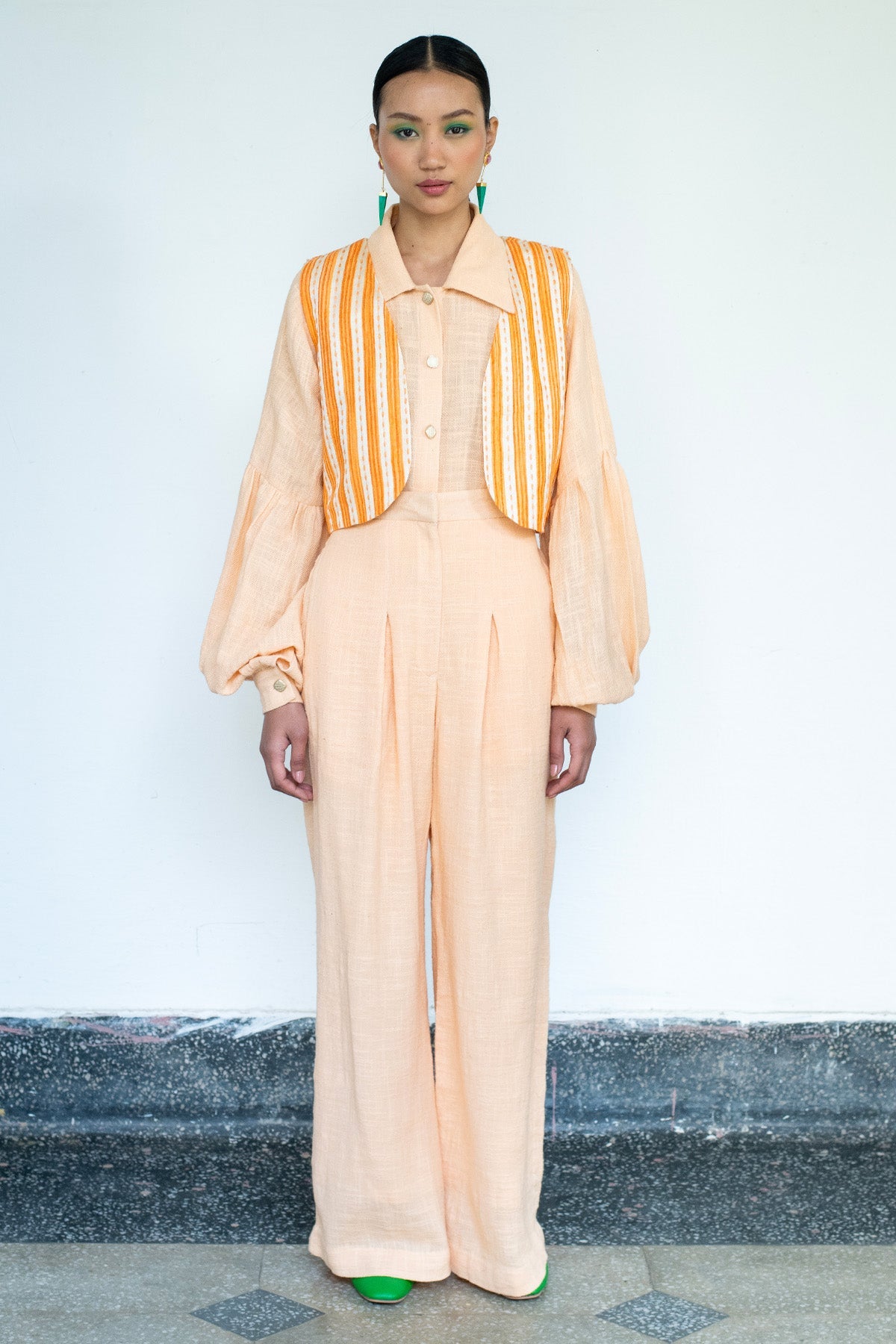 Buy Peach Linen Short Jacket Set by Lahario for women online at ScrollnShops