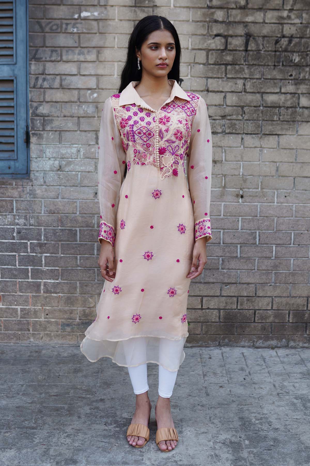 Buy Anamika Khandelwal Peach Luxe Organza Lucknowi Kurti