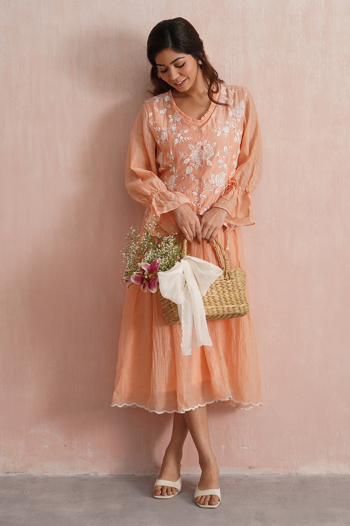 Peach Midi Dress & Waistcoat