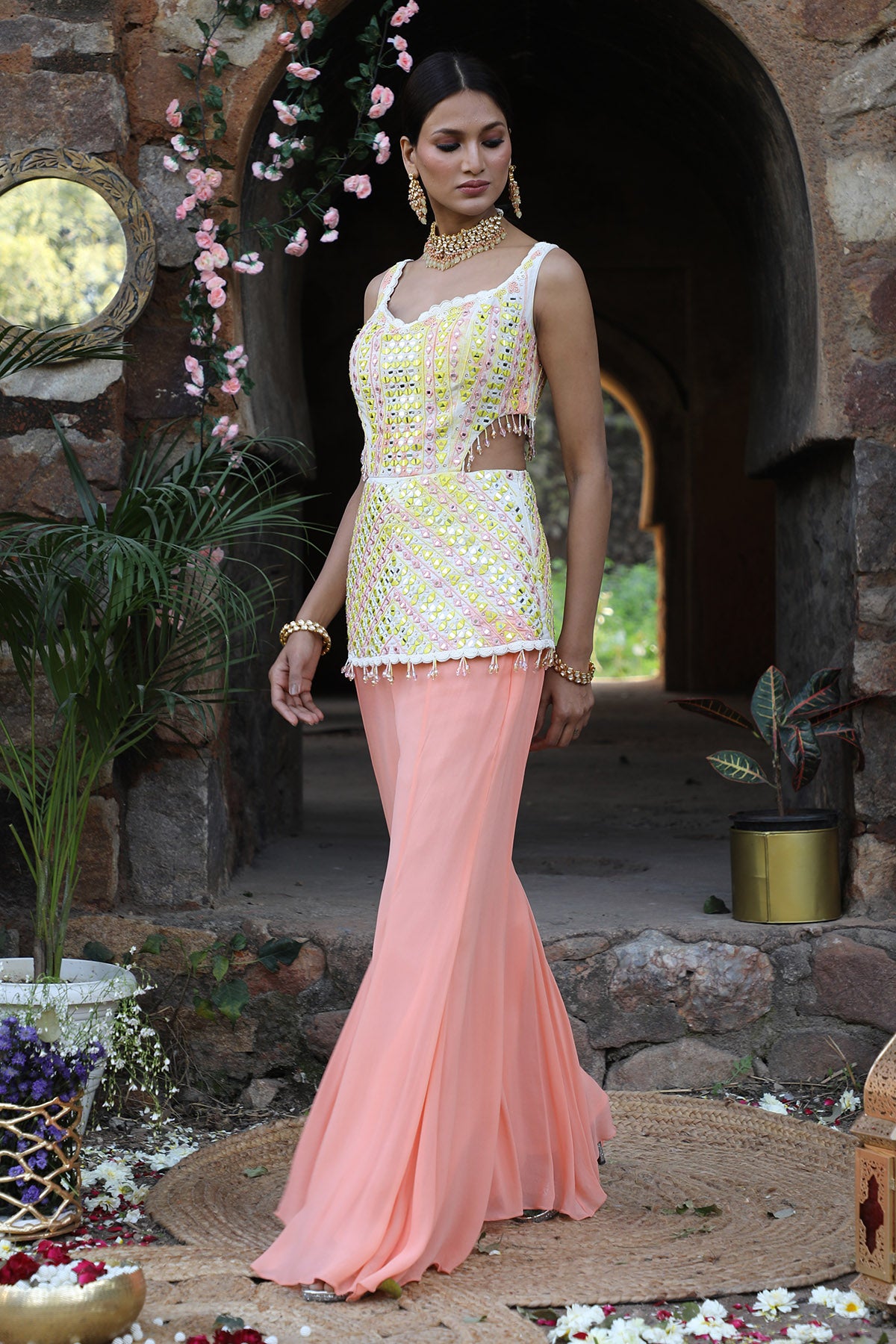 Peach Mirror Work Top & Sharara