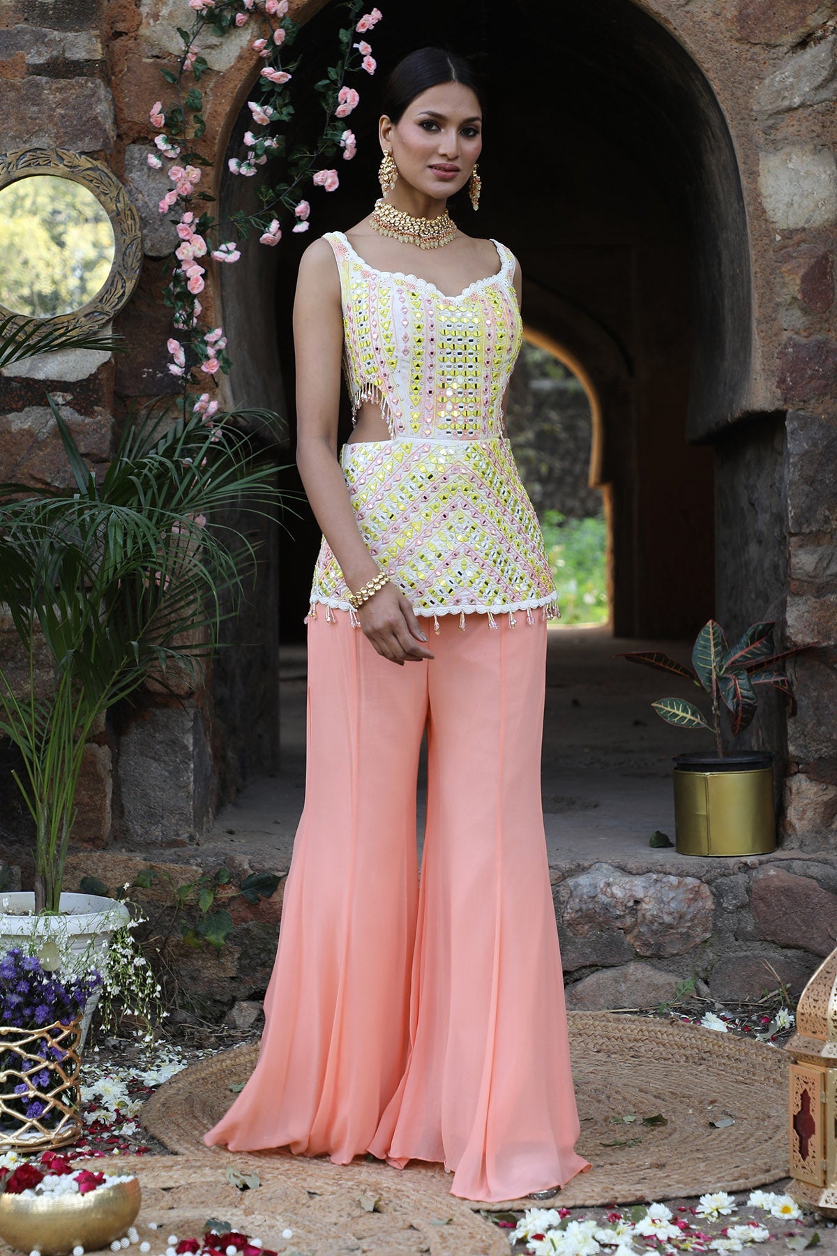 Buy Peach Mirror Work Top & Sharara by Nitisha Kashyap for women online at ScrollnShops