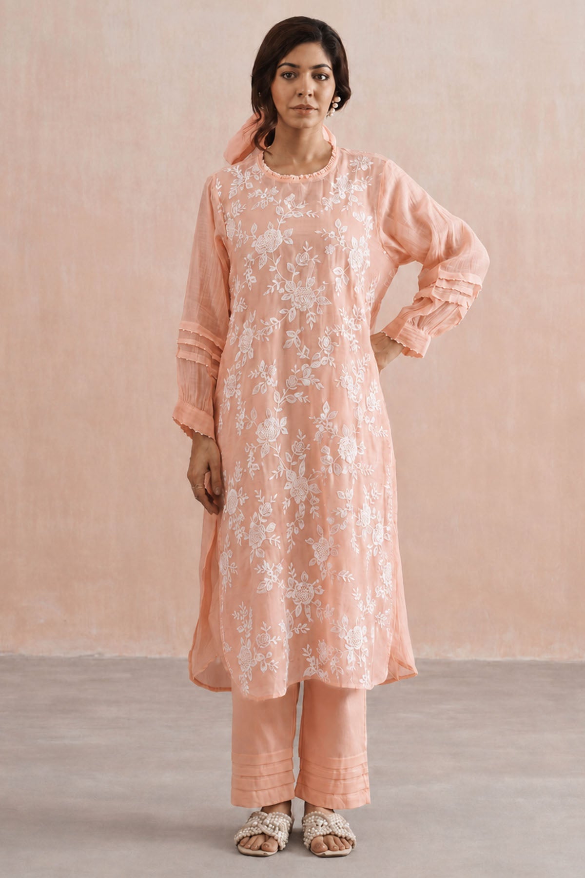 Buy Peach Mul Chanderi Kurta & Pant for women by Ugna by Unnati online available at scrollnshops