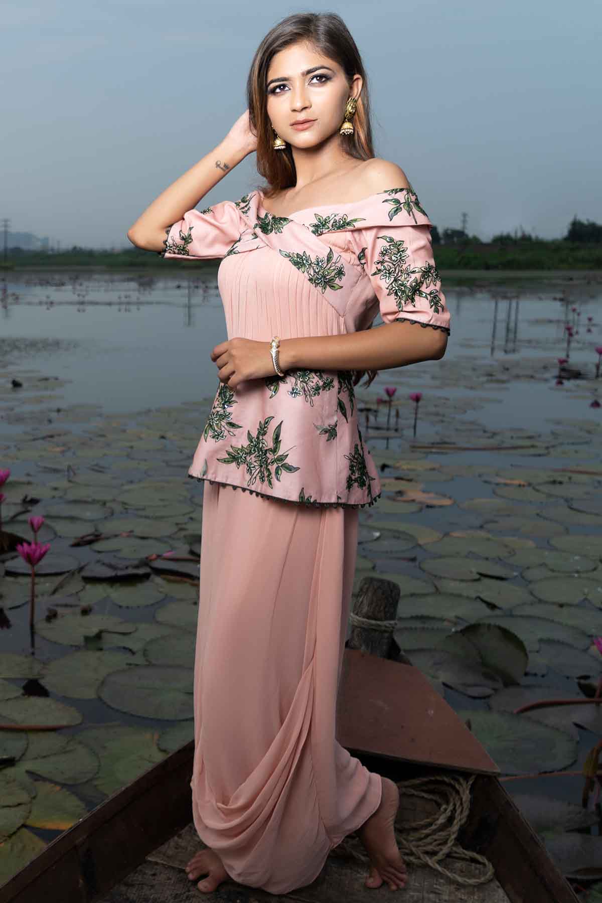 Peach Off-Shoulder Cowl Jumpsuit