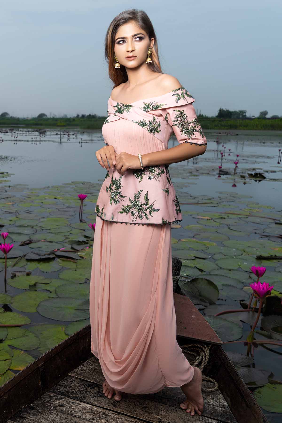 Peach Off-Shoulder Cowl Jumpsuit