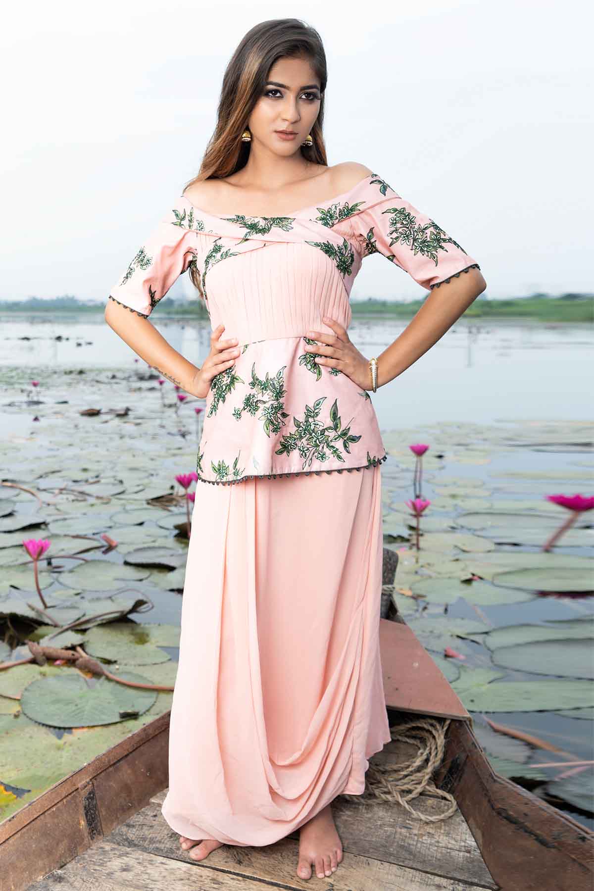 Sejal Kamdar Peach Off-Shoulder Cowl Jumpsuit for women online at ScrollnShops