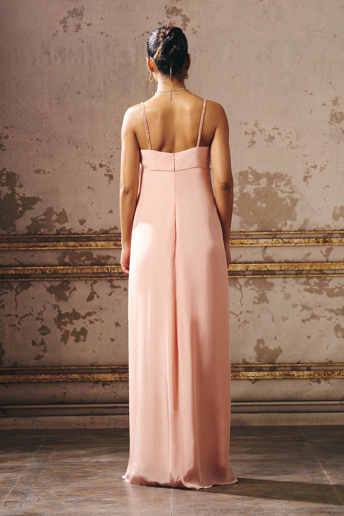 Peach Off Shoulder Ruched Gown