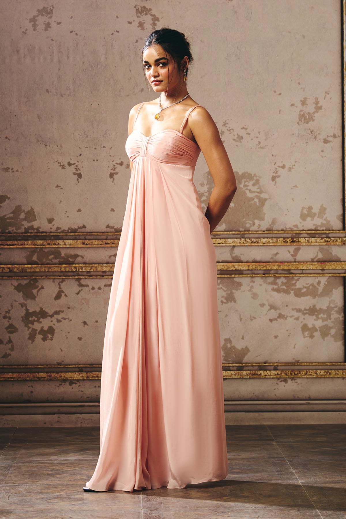 Peach Off Shoulder Ruched Gown