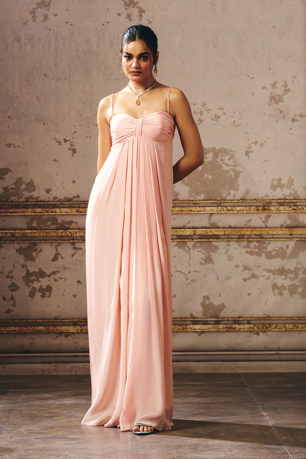 Buy Peach Off Shoulder Ruched Gown by Masumi Mewawalla for women online at ScrollnShops